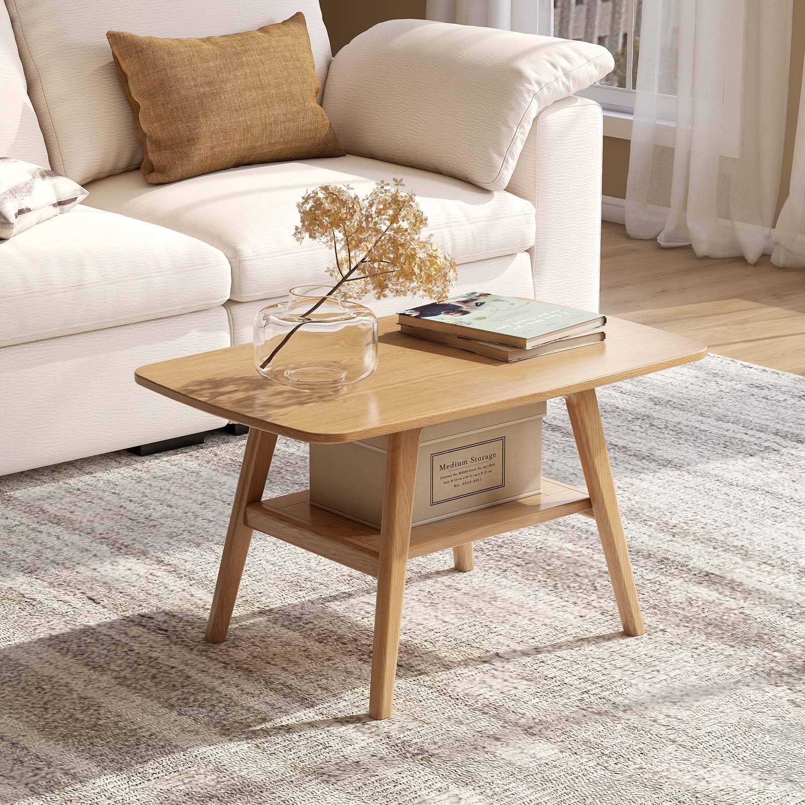 31.49" Solid Oak 2-Tier Walnut Mid Century Modern Coffee Table with Storage Shelf for Living Room