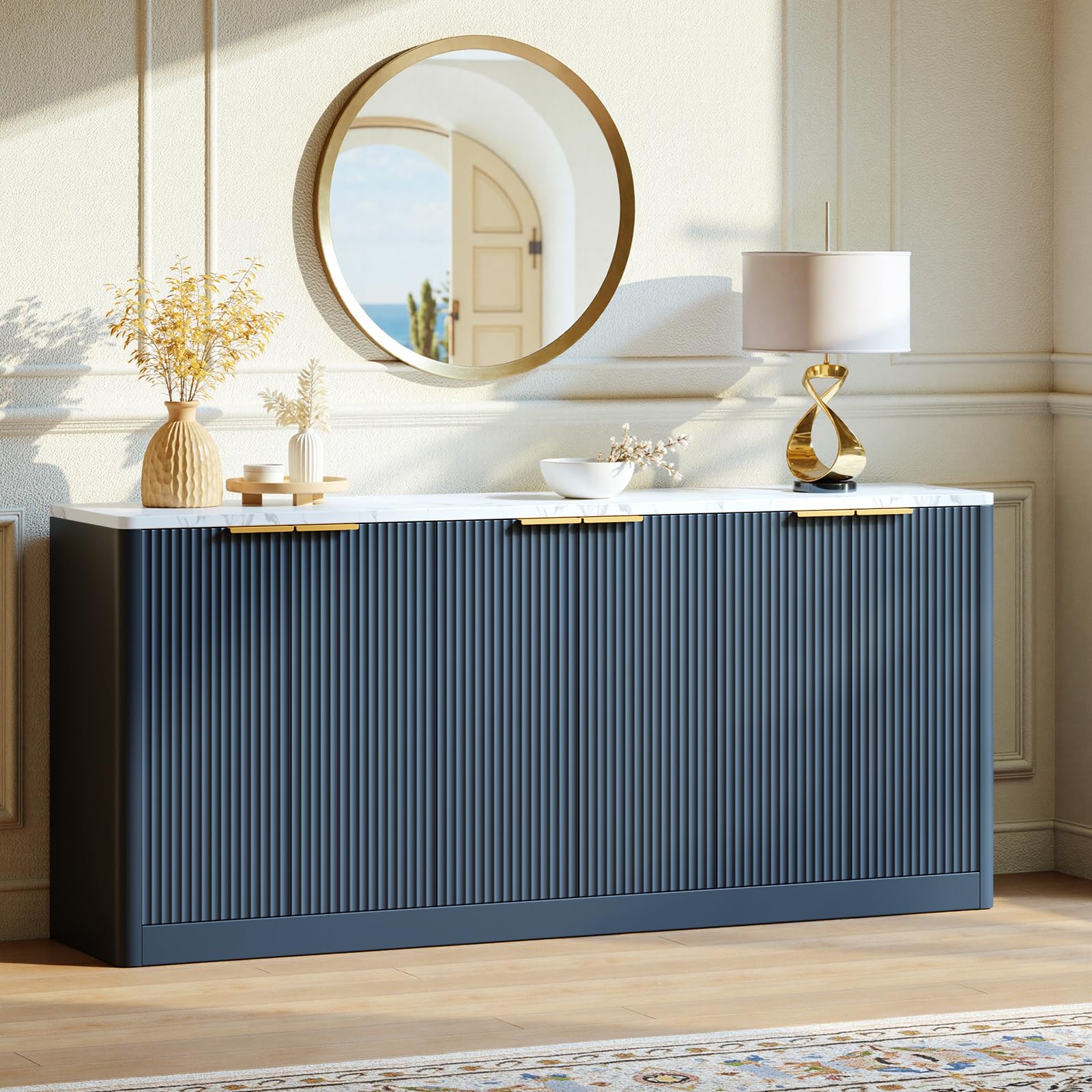 Evermagin 67" Fluted Walnut Buffet Cabinet Sideboard with Storage, Large Credenza with 6 Doors, Wood Mid Century Modern Sideboard for Kitchen and Living Room (67" W*31.5" H*15.7" D)