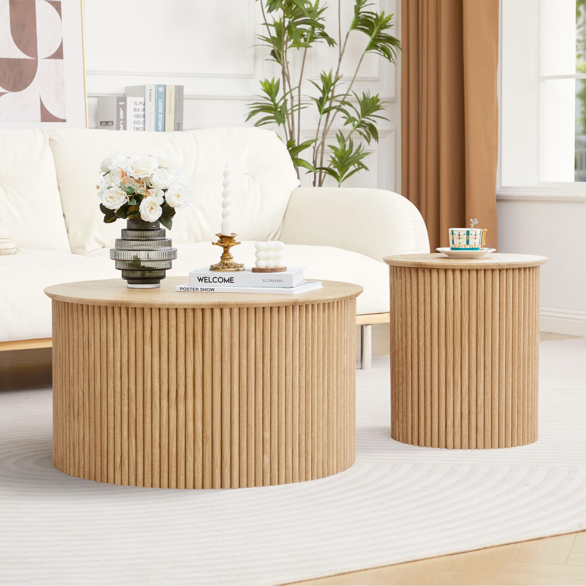 Fluted Round Nesting Coffee Table Set of 2, Mid Century Modern Wood Coffee Tables and End Table Set, Circle Side Table Minimalist Center Tables for Living Room, Office(Walnut)