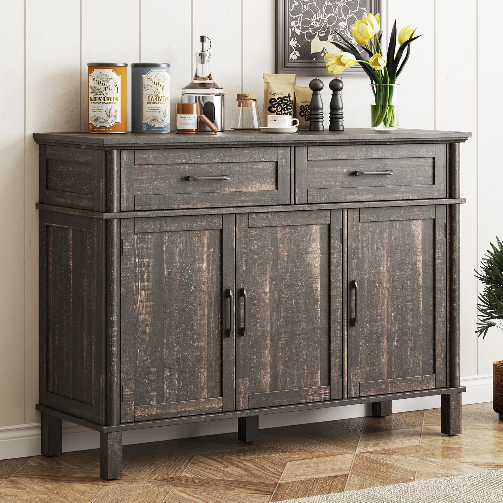 48" Off White Farmhouse Sideboard Buffet Cabinet with 2 Drawers, 3 Doors & Adjustable Shelves, Wood Storage Coffee Bar for Kitchen Living Room