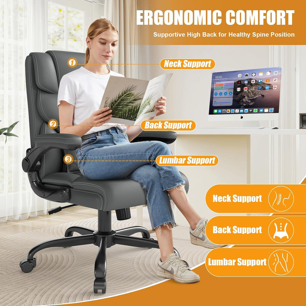 Executive Office Chair with Flip-up Armrests,Ergonomic Computer Desk Chairs,Mid-Tall Back Leather Office Chair,Lumbar Support Swivel PC Chair with Rocking Function