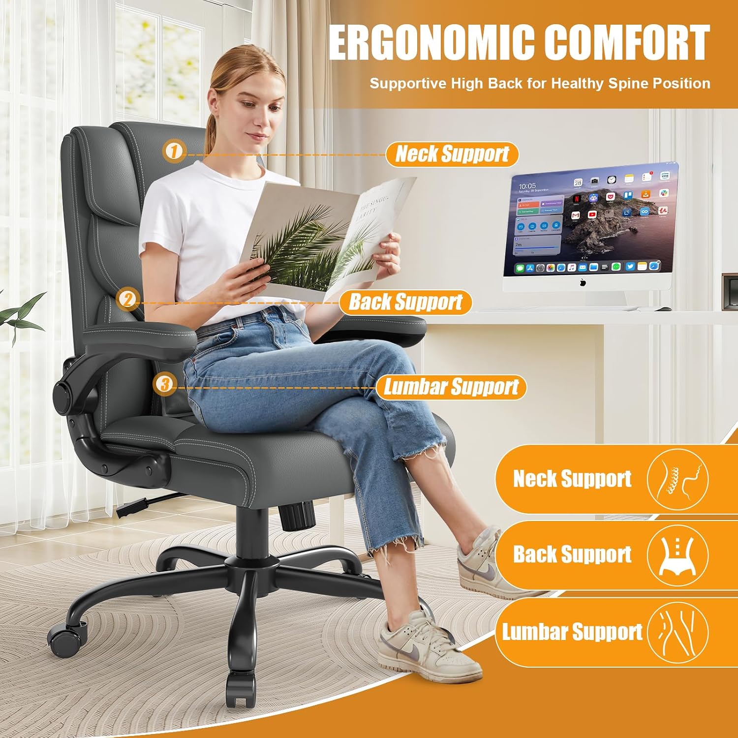 Executive Office Chair with Flip-up Armrests,Ergonomic Computer Desk Chairs,Mid-Tall Back Leather Office Chair,Lumbar Support Swivel PC Chair with Rocking Function