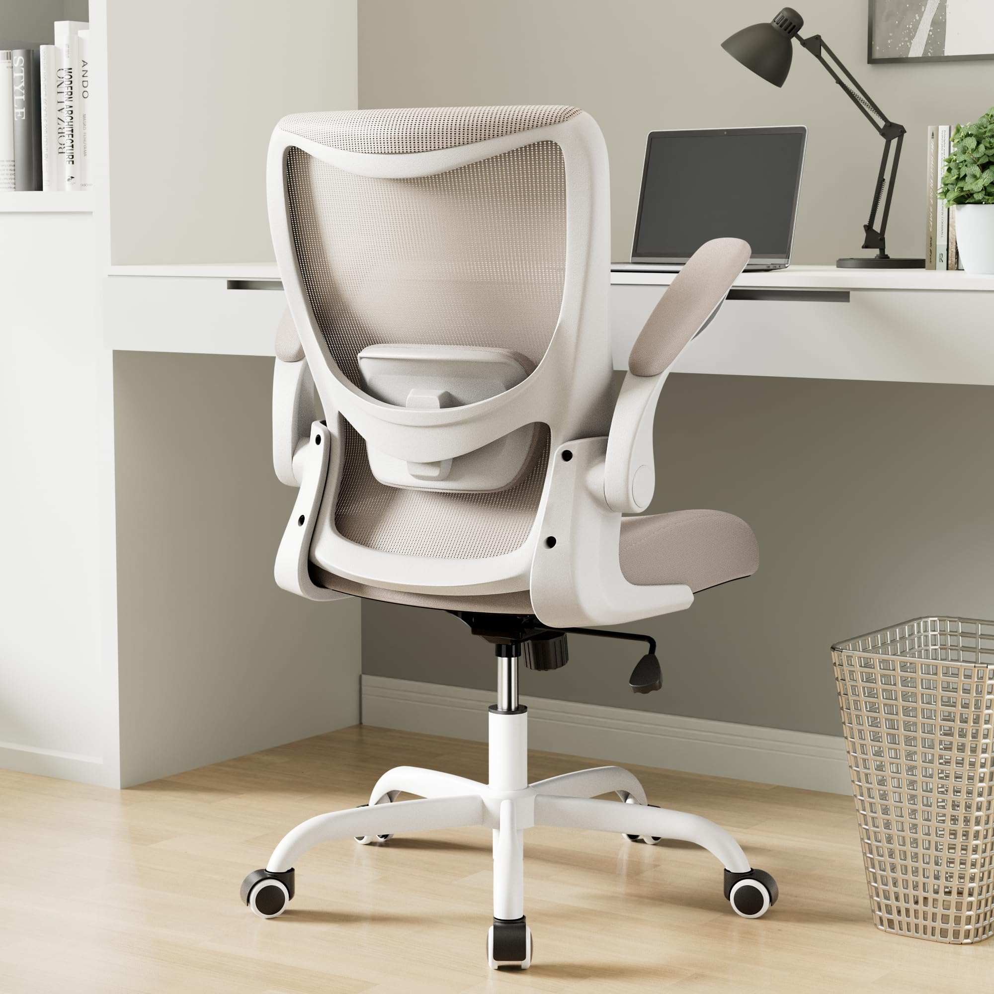 MUXX.STIL Office Chair, PU Leather Ergonomic Desk Chair with Adjustable Lumbar Support and Flip up Armrest, Breathable Mesh Computer Chair for Home Office, Khaki