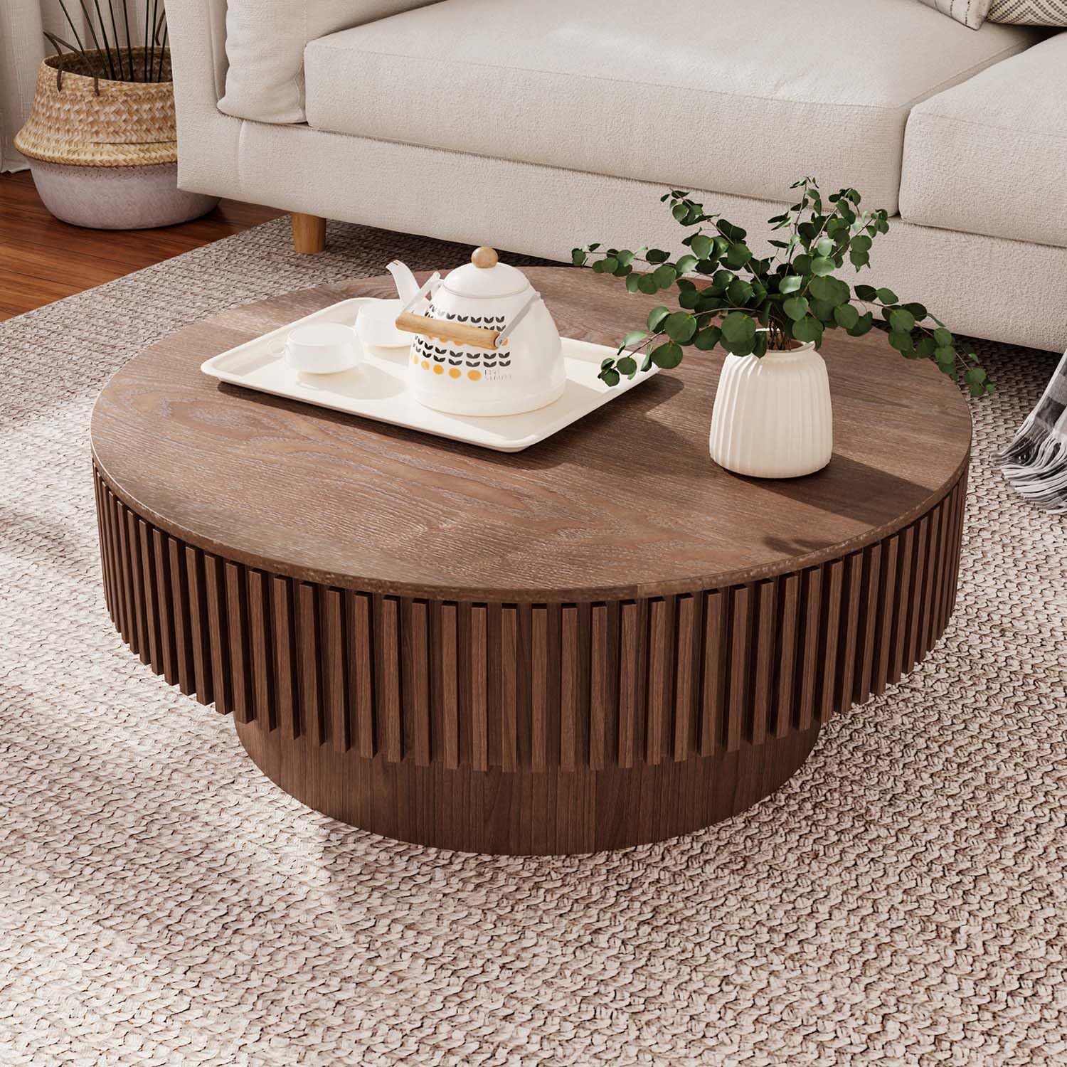 31" Round Coffee Table for Living Room, Mid Century Modern Coffee Table with Sturdy Pedestal, Circle Center Table Accent Tea Table for Apartment Walnut