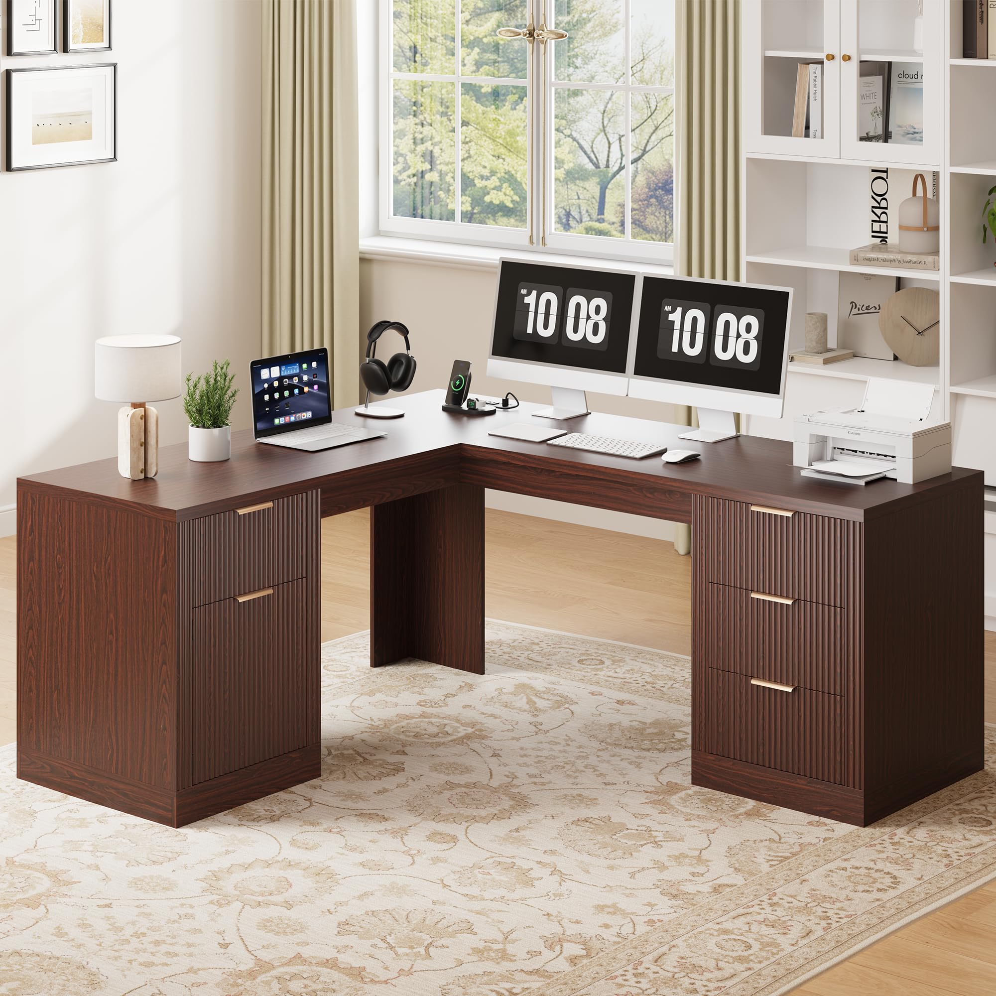 FURSUN 58" Home Office Desk with Power Outlet & File Cabinet, Modern Fluted Executive Desk with 3 Storage Drawers, Large Computer Workstation for Study & Bedroom, Natural Oak