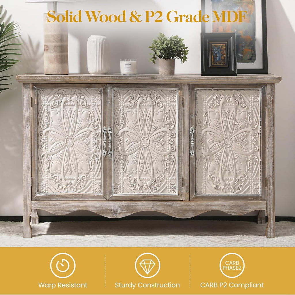 RoyalCraft Farmhouse Sideboard Buffet Cabinet with Storage, 49" Solid Wood Credenza Buffet Table Coffee Bar Wine Bar Storage Cabinet with 3 Doors for Dining Room Living Room Hallway, (Provence Gray)