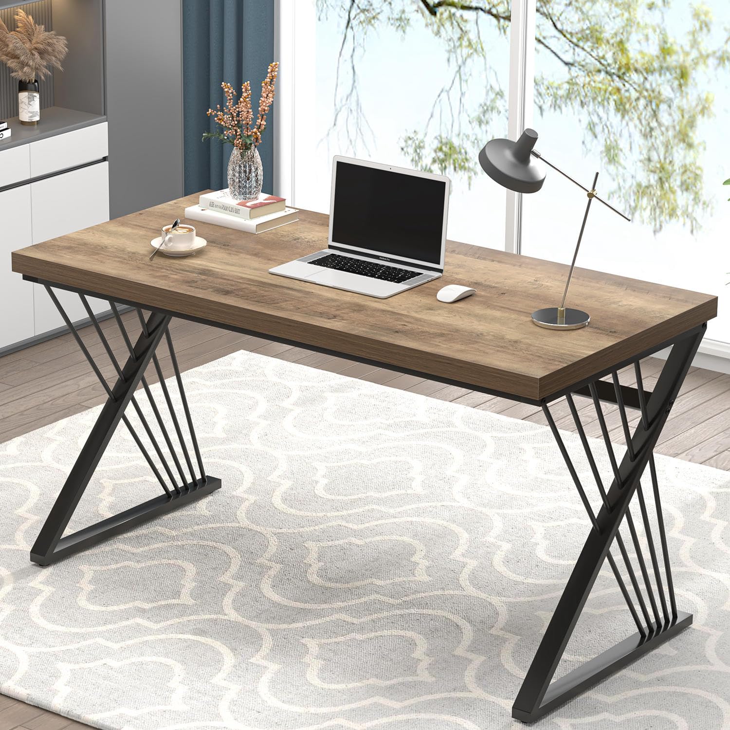 FOLUBAN Computer Desk, Modern Home Office Desk, Industrial Wood and Metal Study Writing Work PC Table for Bedroom Living Room, Rustic Oak, 47 Inch