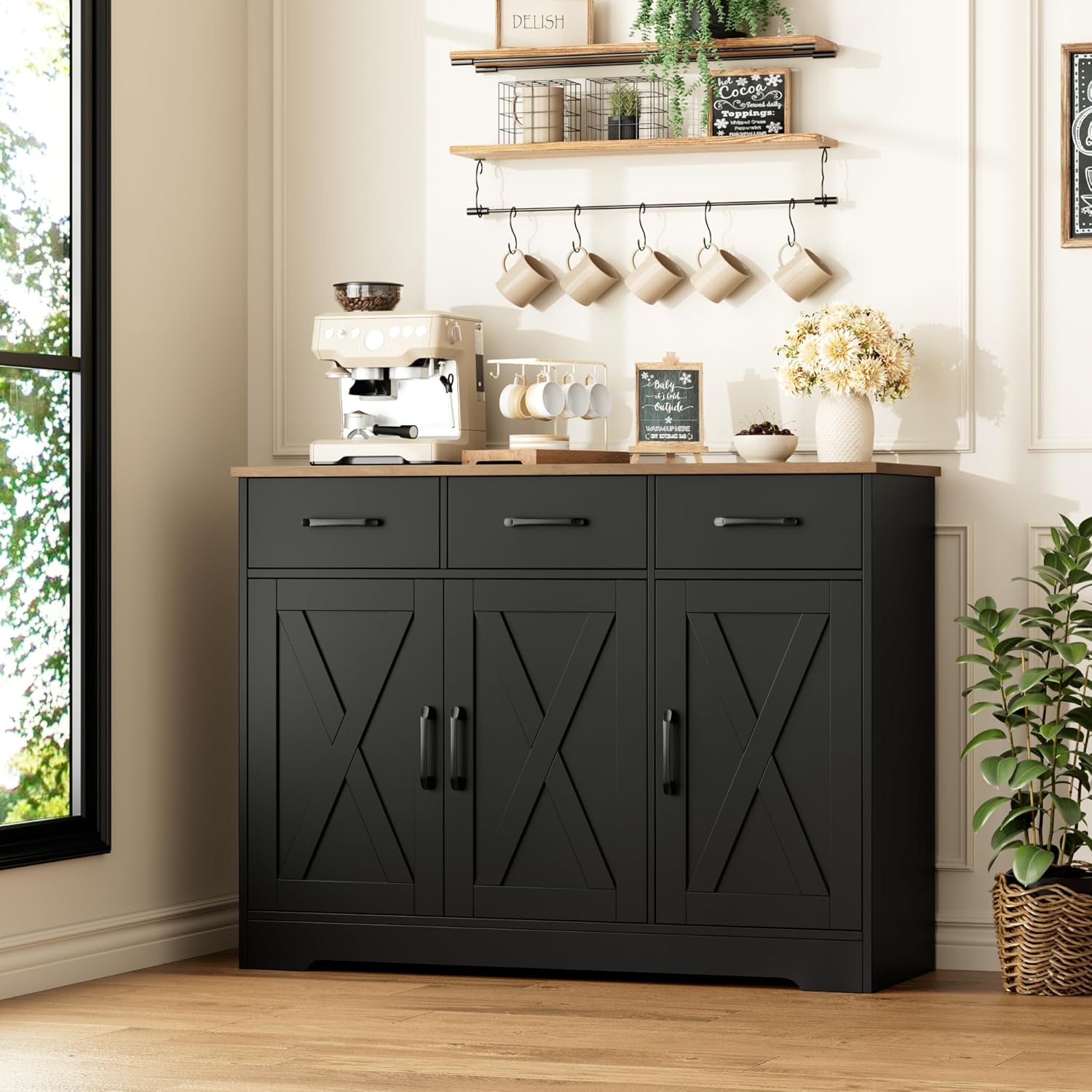 HOSTACK Modern Farmhouse Buffet Sideboard Cabinet, Barn Doors Storage Cabinet with Drawers and Shelves, Wood Coffee Bar with Storage for Dining Room, Kitchen, Living Room, Black/Rustic Brown