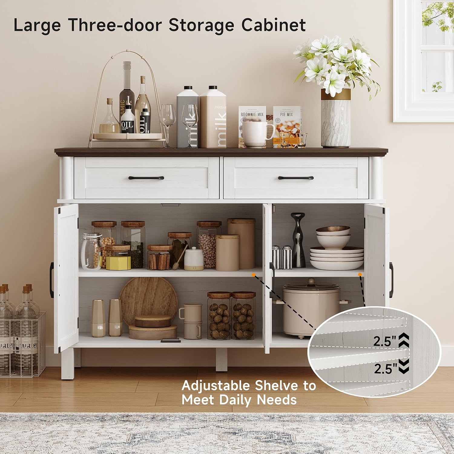 48" Off White Farmhouse Sideboard Buffet Cabinet with 2 Drawers, 3 Doors & Adjustable Shelves, Wood Storage Coffee Bar for Kitchen Living Room