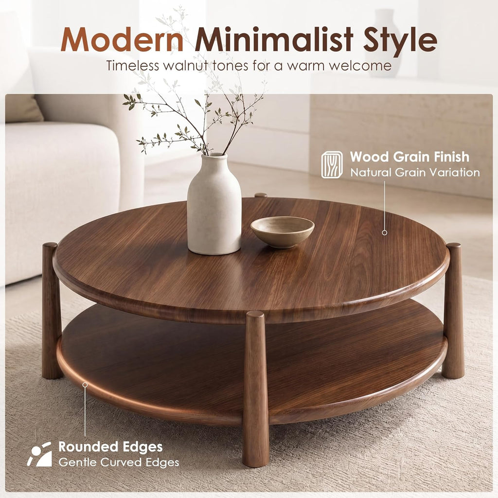 Round Coffee Table, Mid-Century Modern 2-Tier Wood Center Table with Open Storage Shelf, Farmhouse Circle Coffee Table for Living Room Office, Walnut Brown