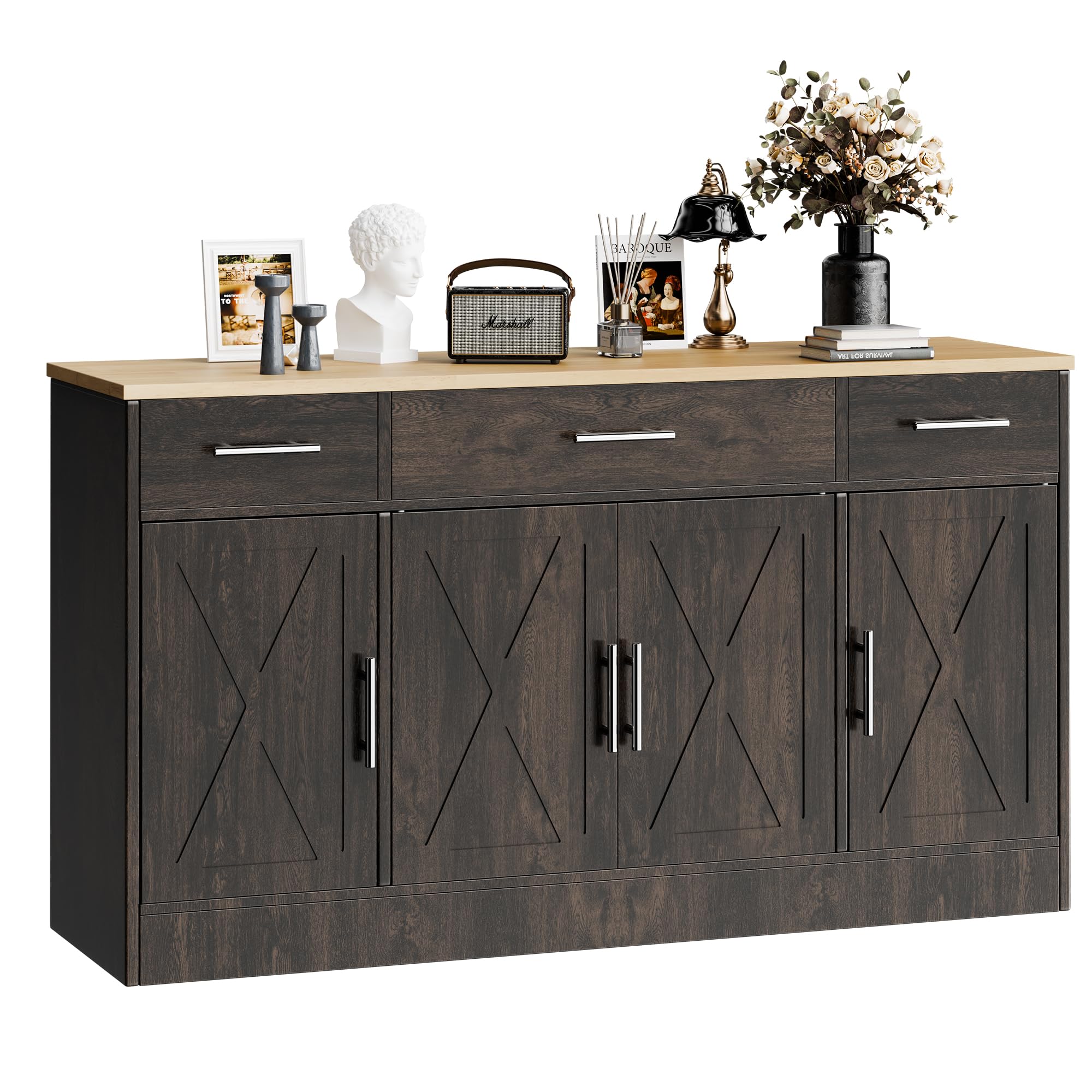 SUNLEI Kitchen Buffet Sideboard Cabinet, Wooden Storage with 4 Doors and 3 Drawers, Adjustable Shelf, Modern Farmhouse Coffee Bar Cabinet with Storage for Kitchen/Laundry/Living Room, Ivory