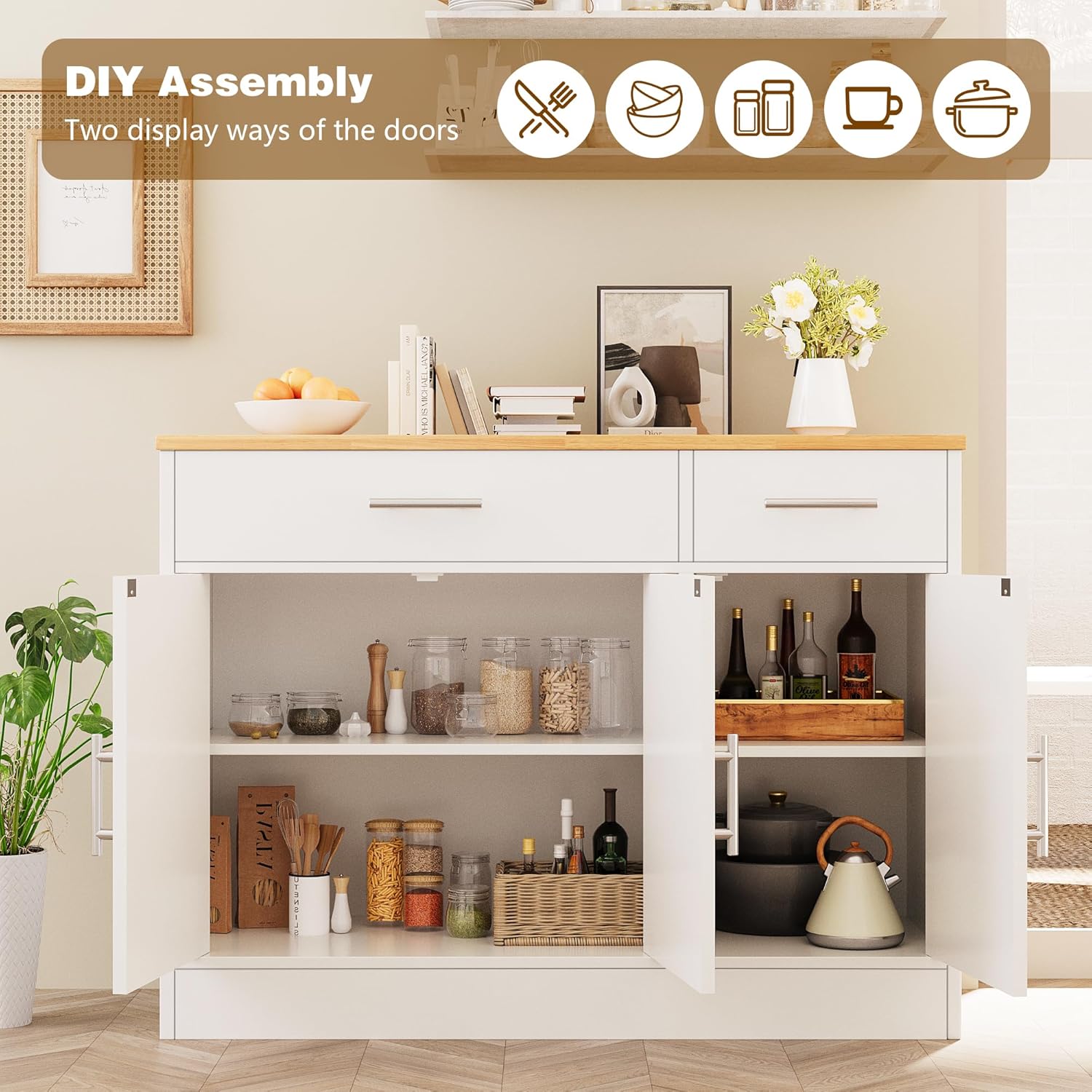 Vongrasig 43” Coffee Bar Cabinet, Farmhouse Buffet Cabinet with Storage, Sideboard Buffet with Drawers and Shelves for Kitchen, Dining Room, White