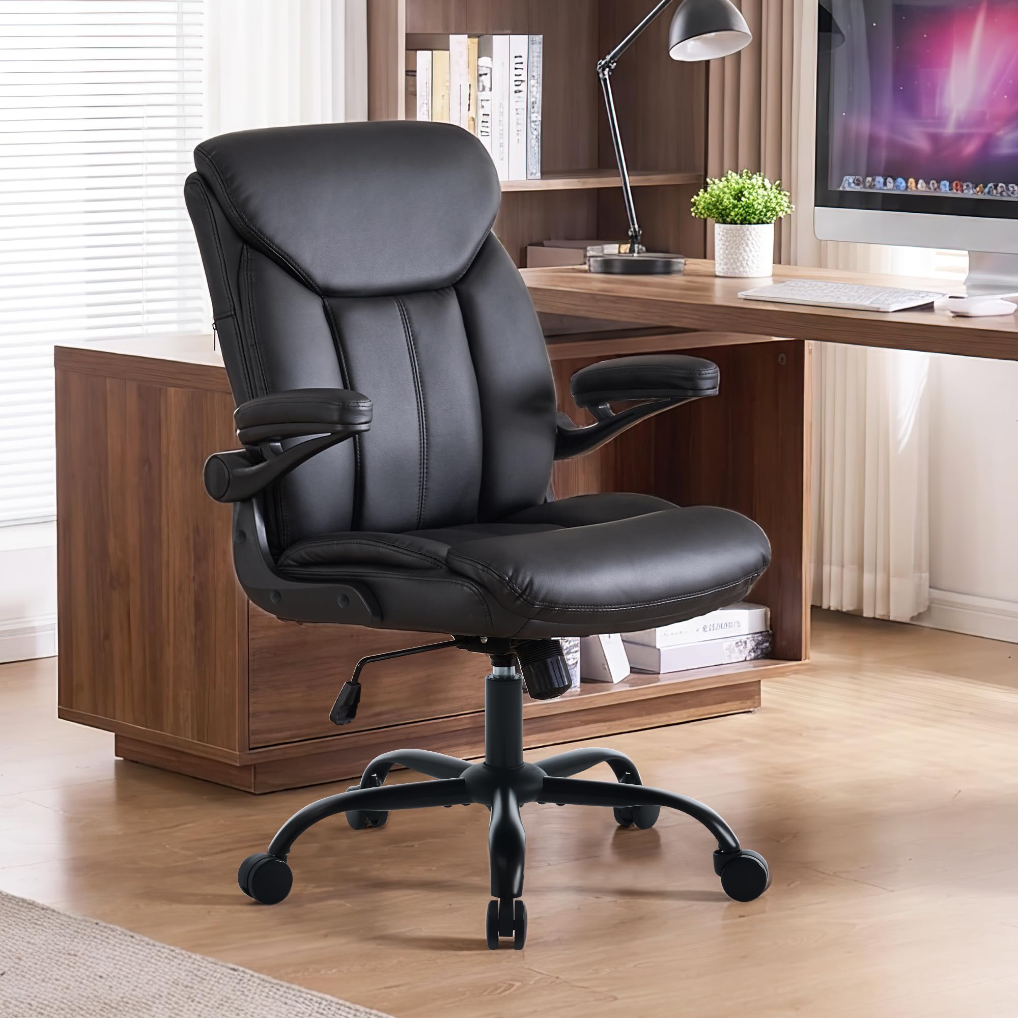 Home Office Ergonomic Desk Chair - Comfy Leather Executive Chair with Flip-Up Armrests, Height Adjustable Computer Chair for Gaming, 360° Swivel & Rocking(Black)