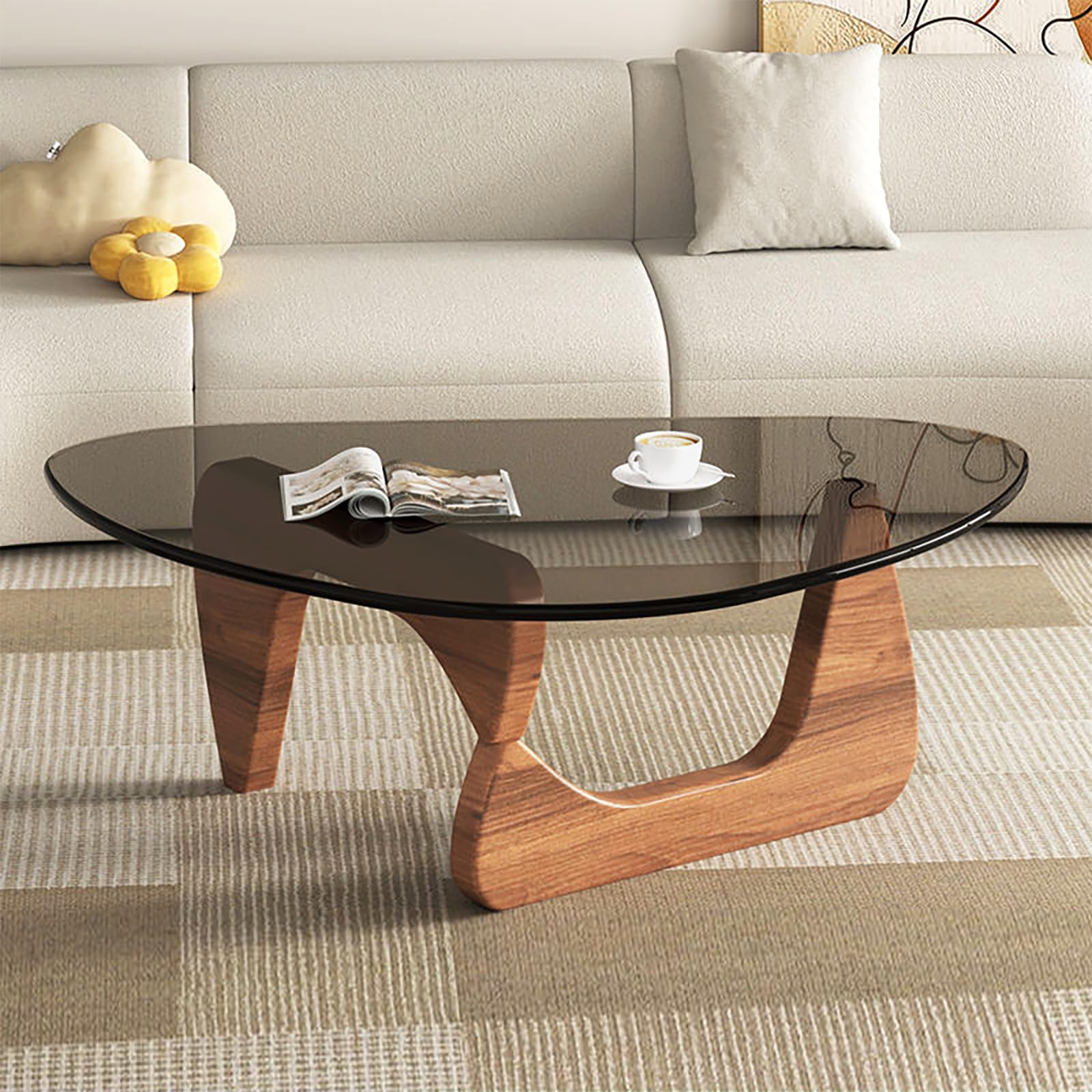 Modern Glass Coffee Table, Mid Century Small Coffee Table, Coffee Table for Living Room,Suitable for Bedroom Living Room Reception Office Tables (Walnut/Brown, Small)