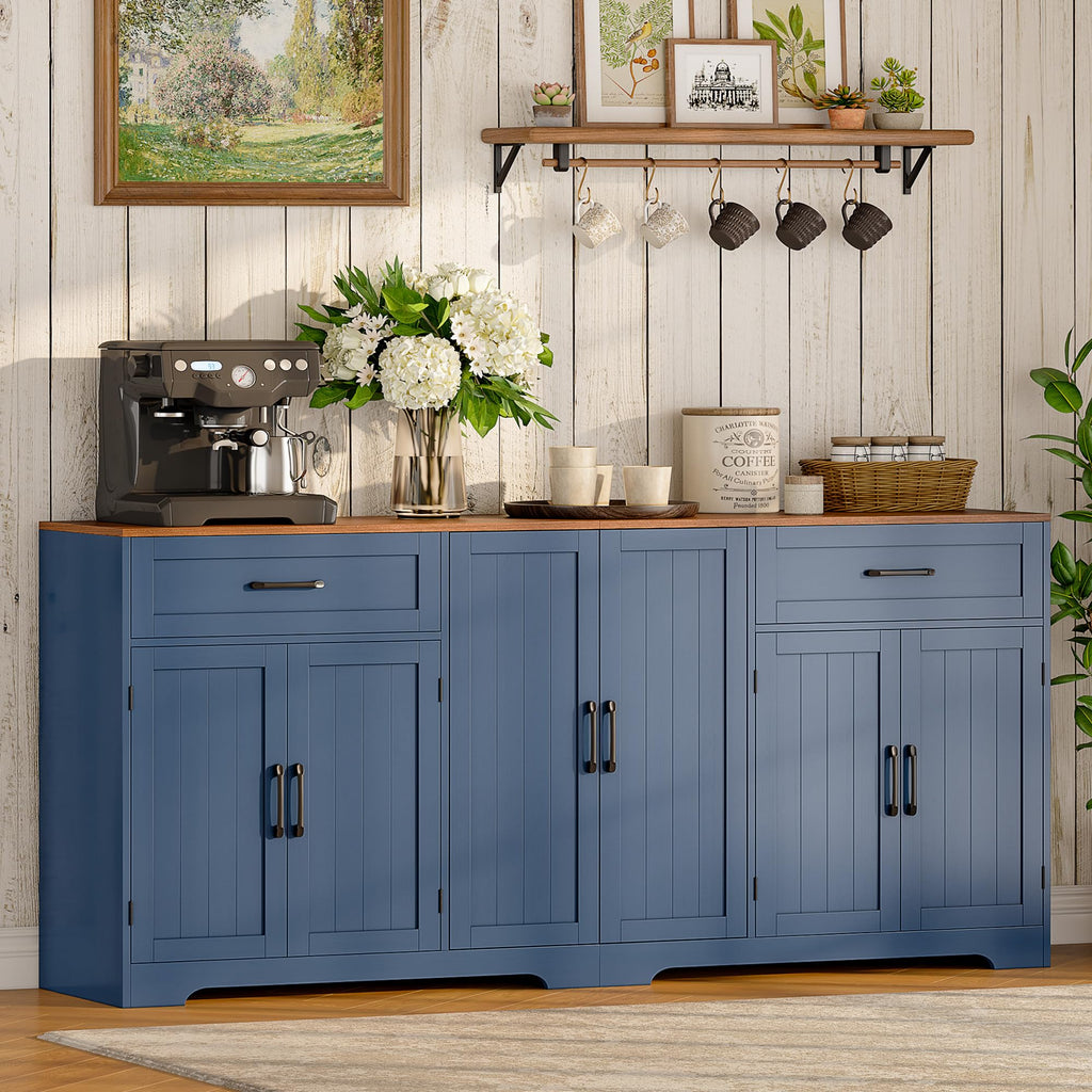 Whalefall 71" Farmhouse Sideboard Buffet Cabinet with Storage, Large Coffee Bar with 2 Drawers & 6 Doors, Kitchen Storage Credenza with Adjustable Shelves for Dining Room, White