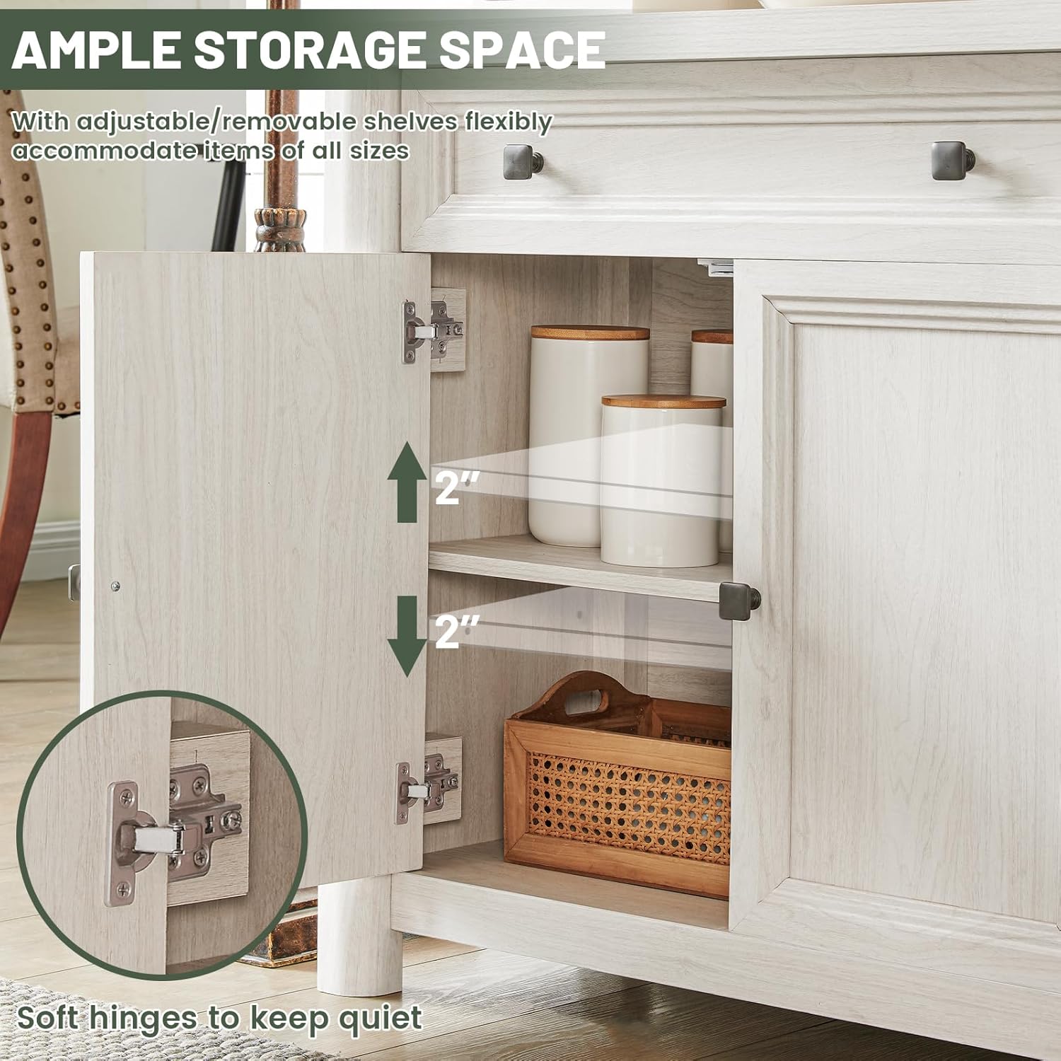 Standifurno Farmhouse Sideboard Buffet Cabinet with Drawers, 59" Large Credenza Kitchen Storage Cabinets with Shelves & 4 Doors, Wood Rustic Coffee Bar Console Table for Living Room, White