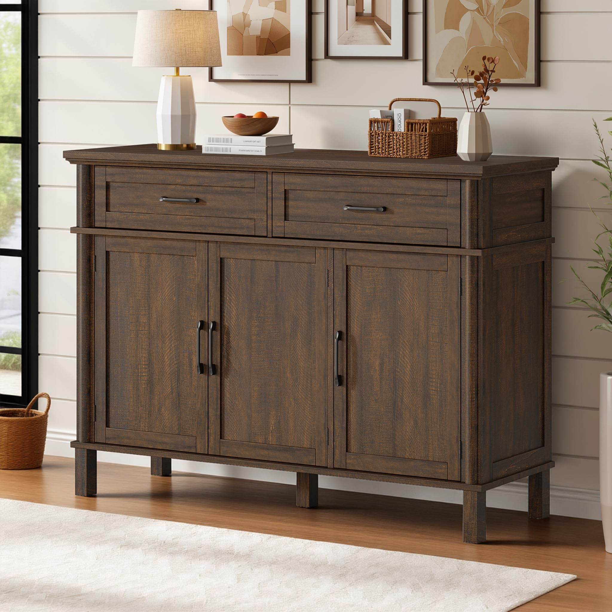 48 Inches Sideboard Buffet Cabinet with Storage, Farmhouse Sideboard Buffet w/2 Drawers and 3 Doors, Kitchen Cabinet with Adjustable Shelf, Wood Kitchen Console Table for Living Room, Hallway, Black