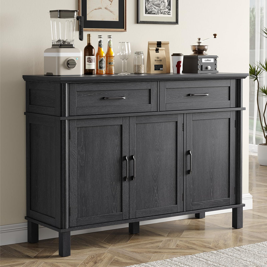 48" Brown Farmhouse Wood Sideboard Buffet Credenza with 4 Drawers & Adjustable Shelves, Coffee Bar Storage Cabinet for Kitchen Living Room Entryway