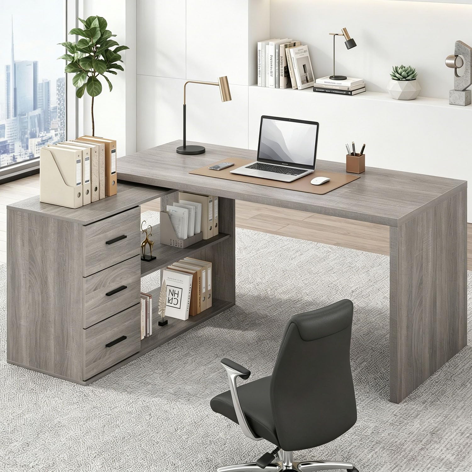 HSH L Shaped Desk with Storage Drawers Shelves, Large Corner Computer Table in Home Office, Industrial Wood Desk for Executive Writing Work Study, Rustic Oak, 55 Inch
