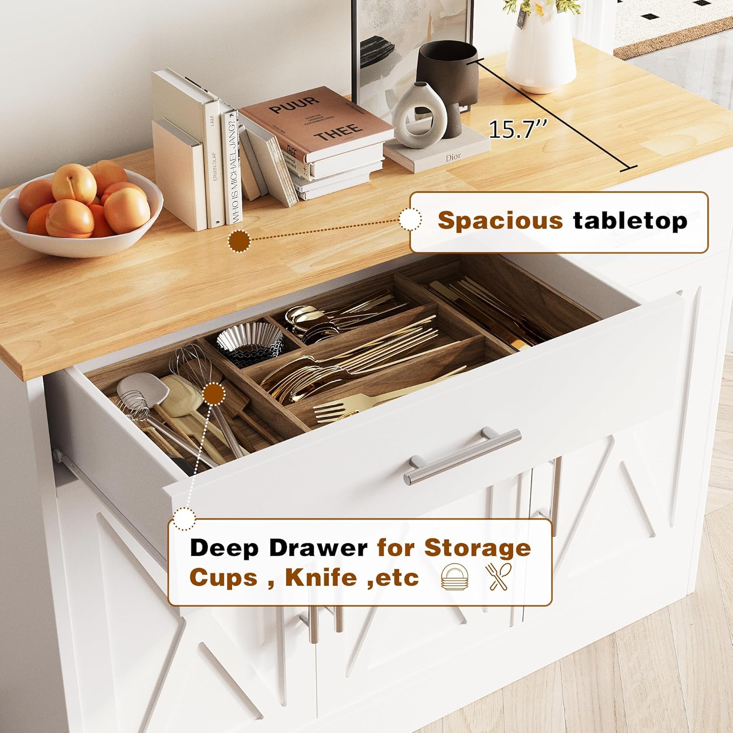 Vongrasig 43” Coffee Bar Cabinet, Farmhouse Buffet Cabinet with Storage, Sideboard Buffet with Drawers and Shelves for Kitchen, Dining Room, White