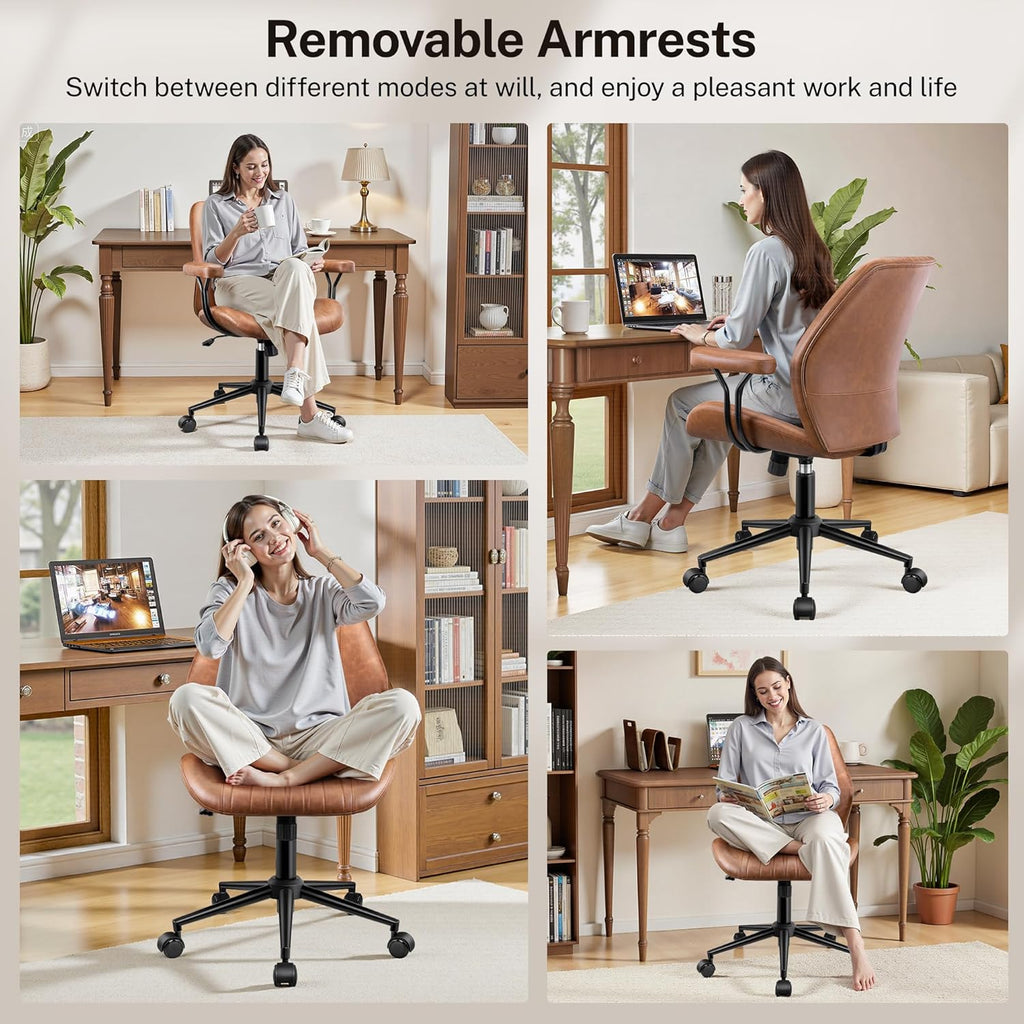 HeroSet Leather Office Chair with Removable Armrests, Mid Back Ergonomic Desk Chair with Lumbar Support, Adjustable Height Rocking Swivel Executive Chair for Home Office, Brown