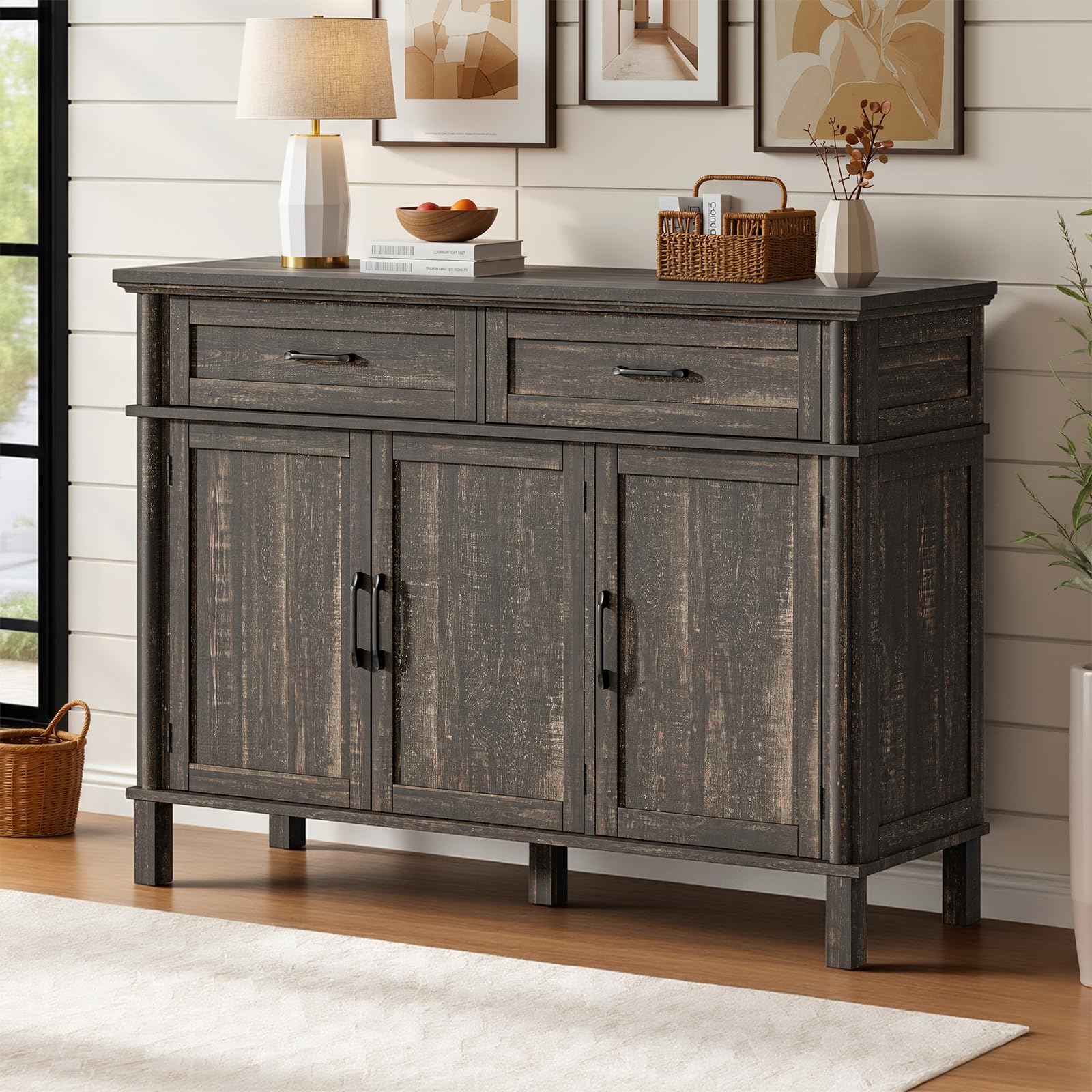 48 Inches Sideboard Buffet Cabinet with Storage, Farmhouse Sideboard Buffet w/2 Drawers and 3 Doors, Kitchen Cabinet with Adjustable Shelf, Wood Kitchen Console Table for Living Room, Hallway, Black