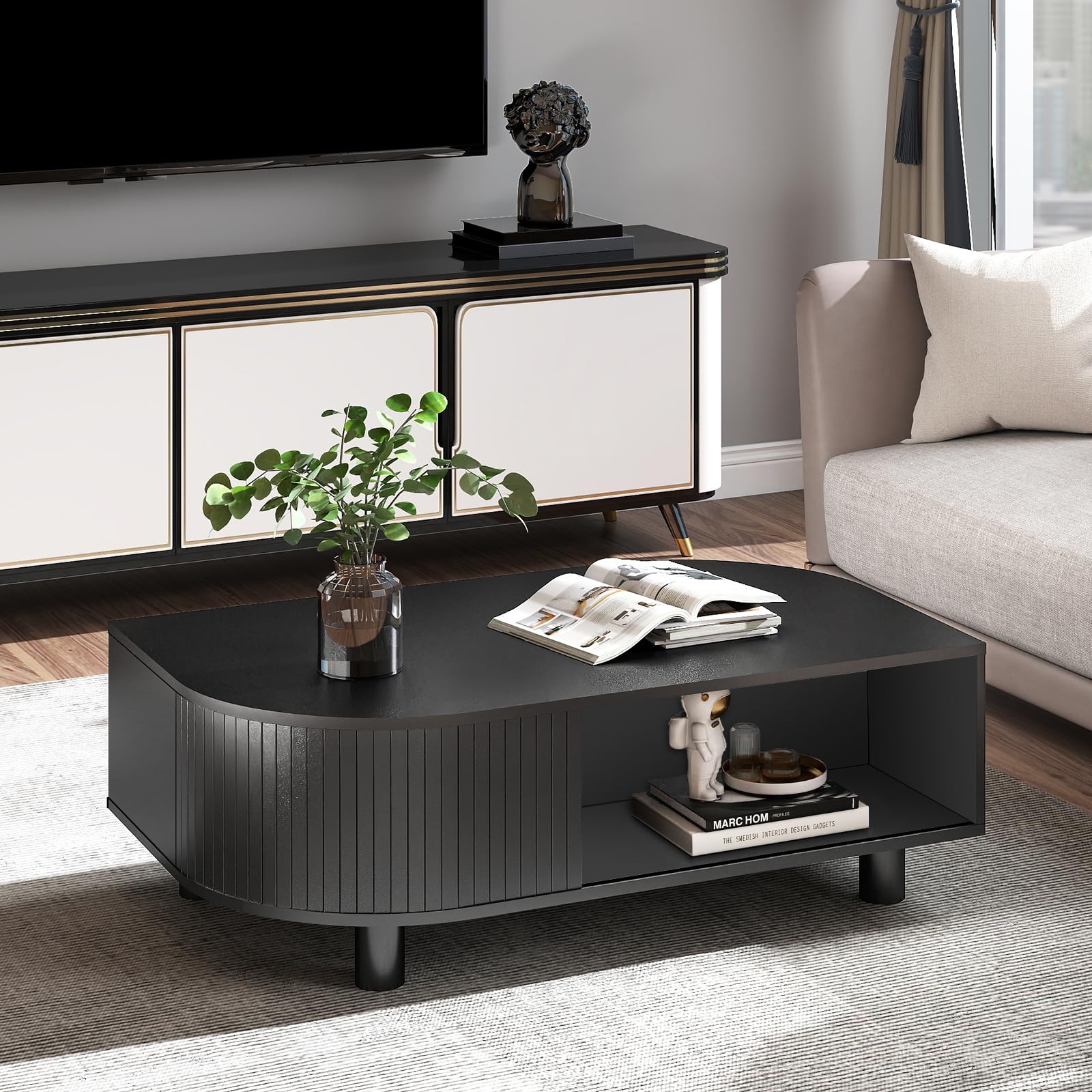 Mid-Century Modern 39.4" Coffee Table - Leaf-Shaped Wood Center Table with Storage, Retro Fluted Central Table with Sliding Door for Living Room, Office, Walnut