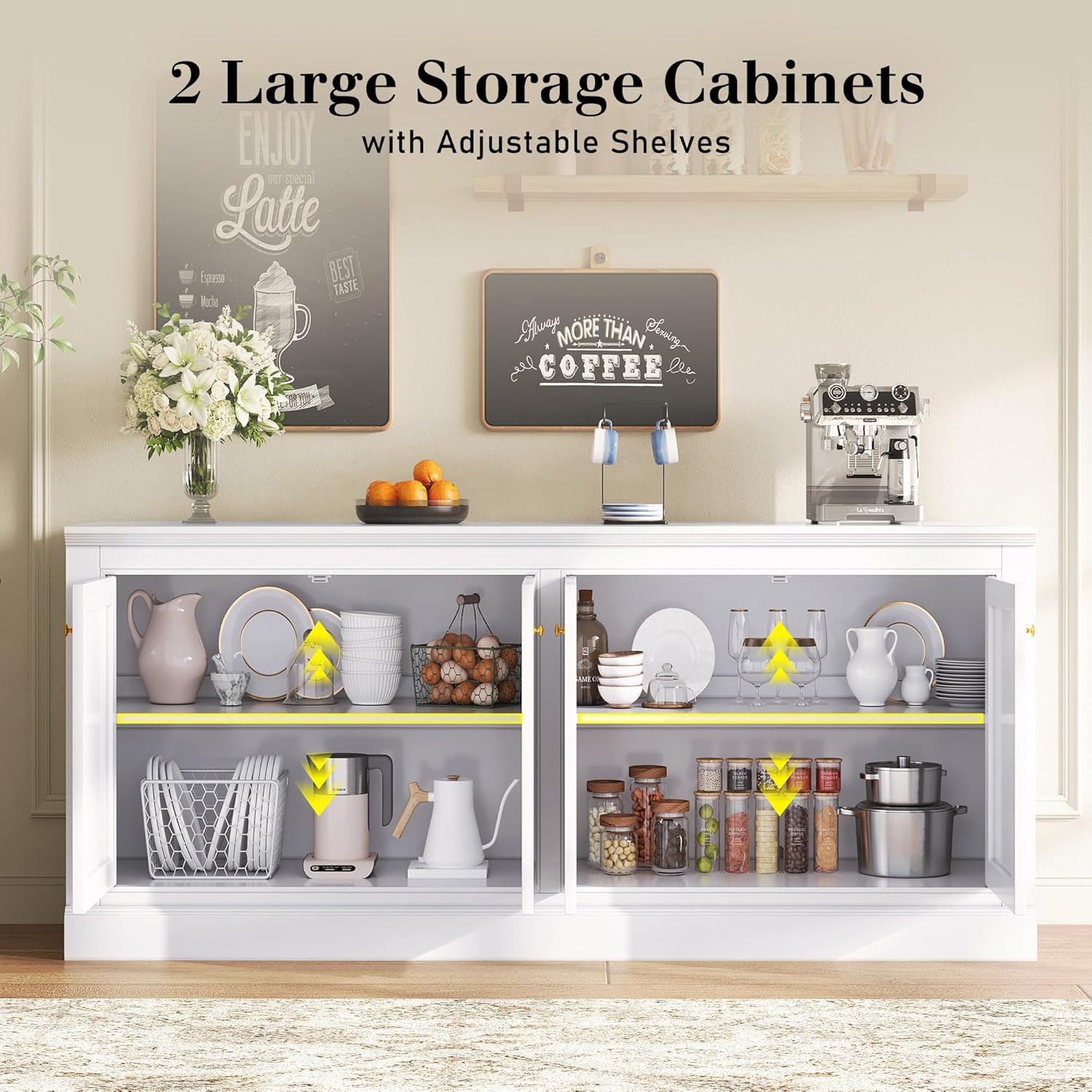 AMERLIFE 72" Farmhouse Sideboard Buffet Cabinet with Barn Doors, Storage Console Table with Adjustable Shelves, Coffee Bar/TV Stand for Living Room, Kitchen, Entryway, White