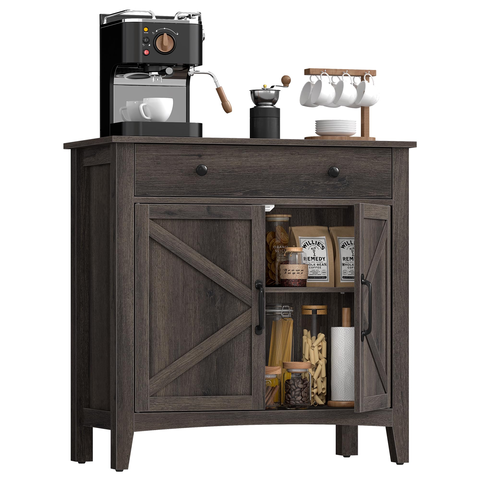 VASAGLE LIRY Collection - Buffet Cabinet, Coffee Bar Cabinet with 2 Drawers, Adjustable Shelves, Sideboard Storage with Cable Holes, Drawer Dividers, Rustic White and Honey Brown UBBK381W01