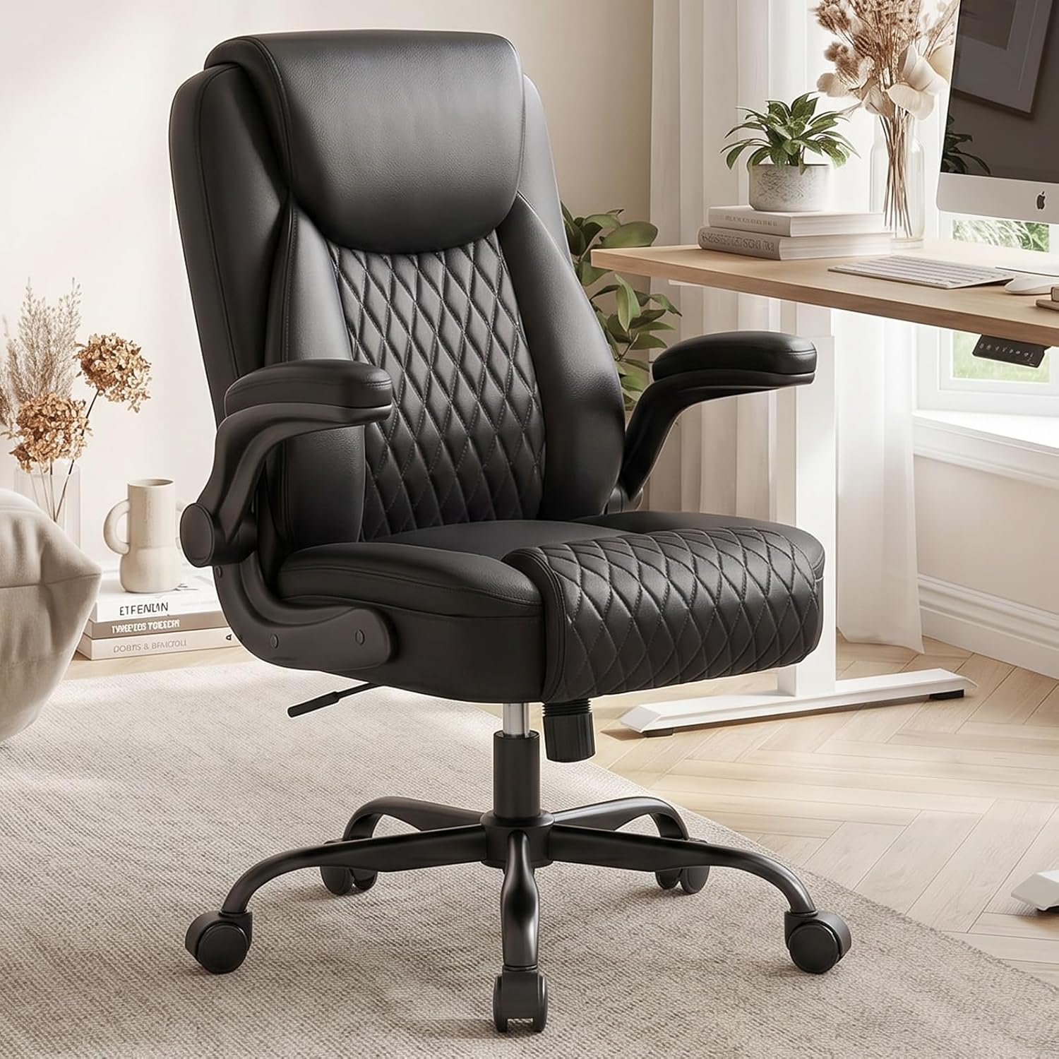 Mid-Back Leather Ergonomic Office Gaming Chair with Adjustable Armrests, Rolling Swivel Desk Chair for Short Adults