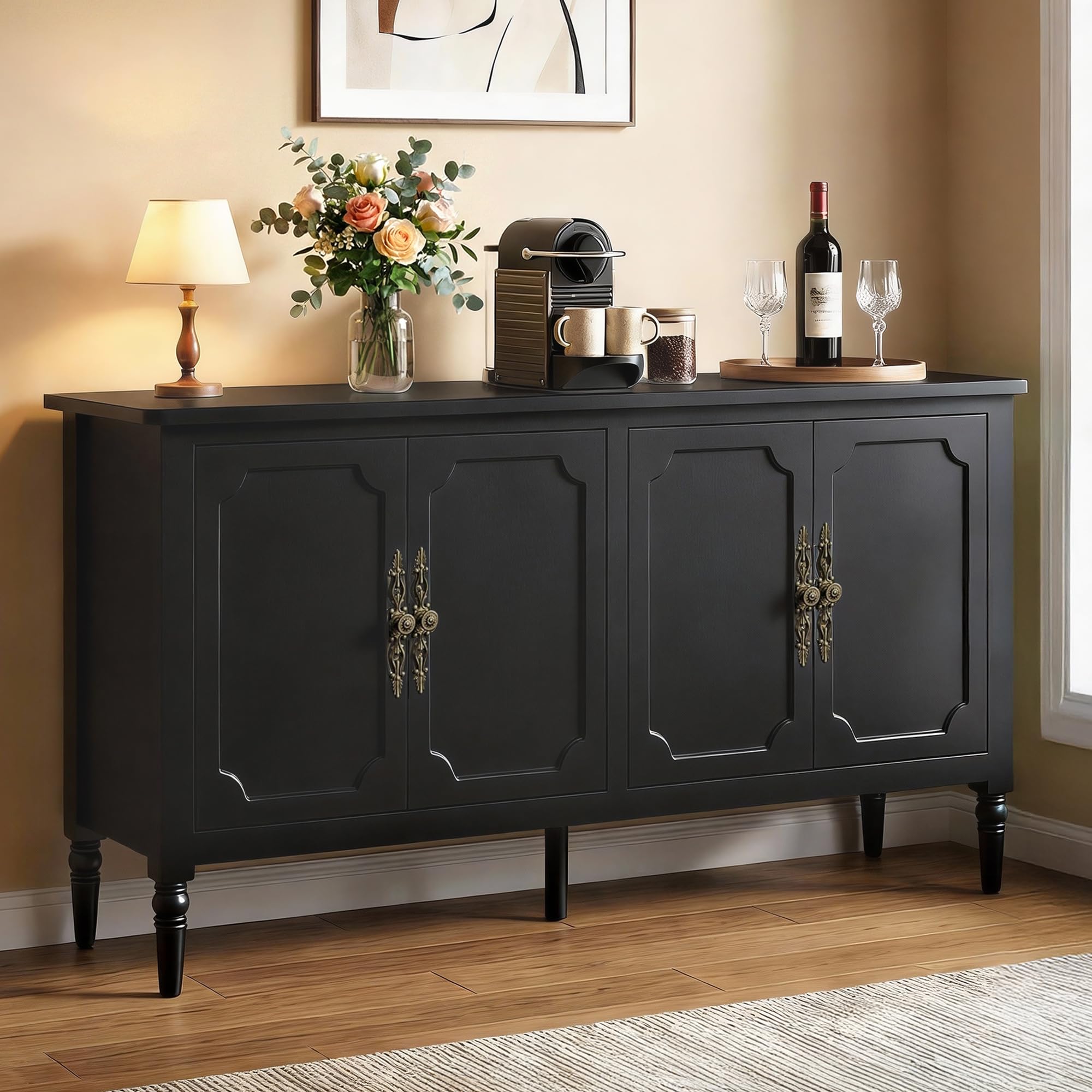 RoyalCraft Buffet Cabinet with Storage, 59" Vintage Sideboard with Adjustable Shelves, Mid Century Modern Painted Credenza Coffee Bar for Kitchen, Dining Room, Entryway, Living Room, Forest Green