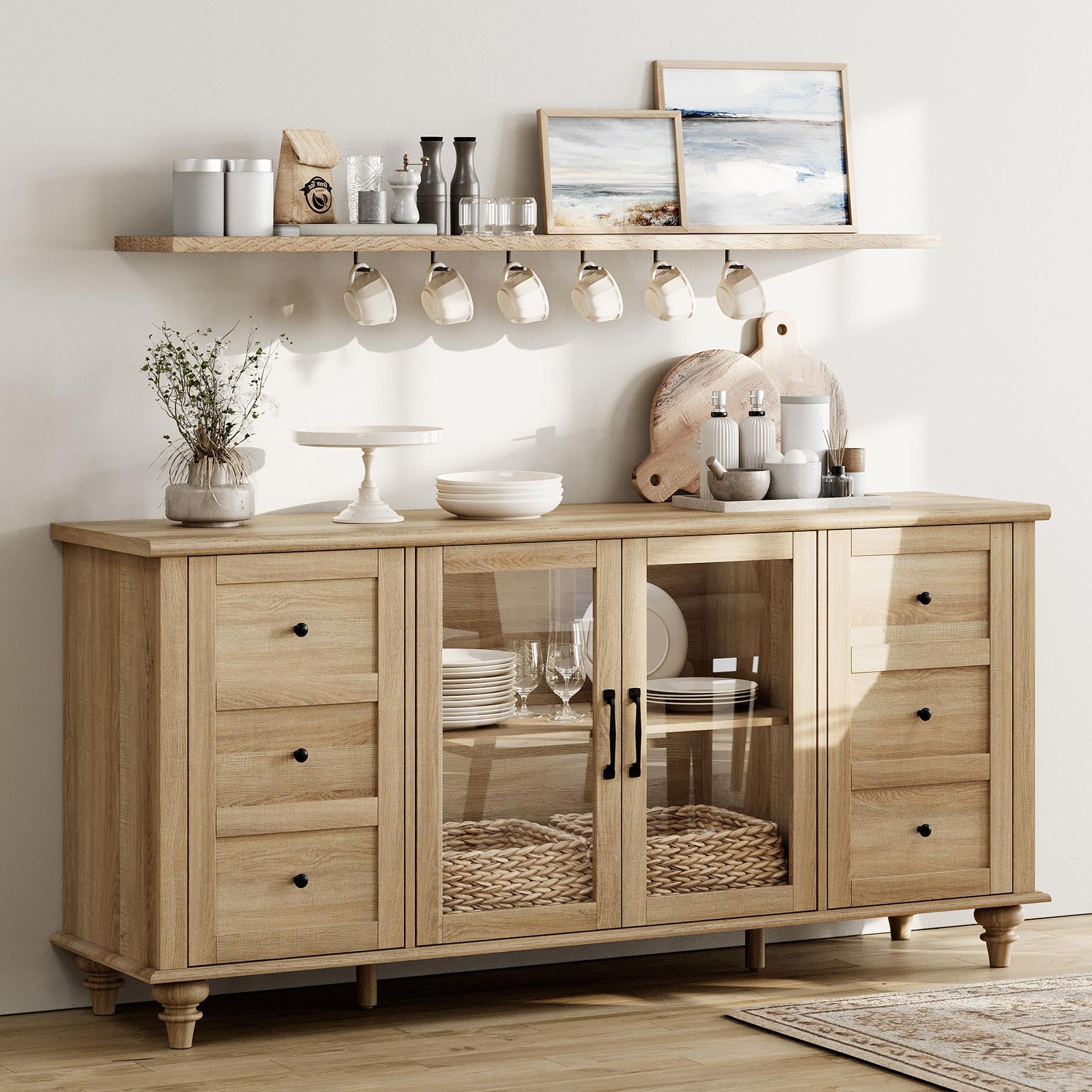 WAMPAT Farmhouse Sideboard Buffet Cabinet with Glass Door & Adjustable Shelf, Wooden Coffee Bar Table with Solid Wood Leg, Kitchen Storage Cabinet for Dining Room, Oak, 58 Inch