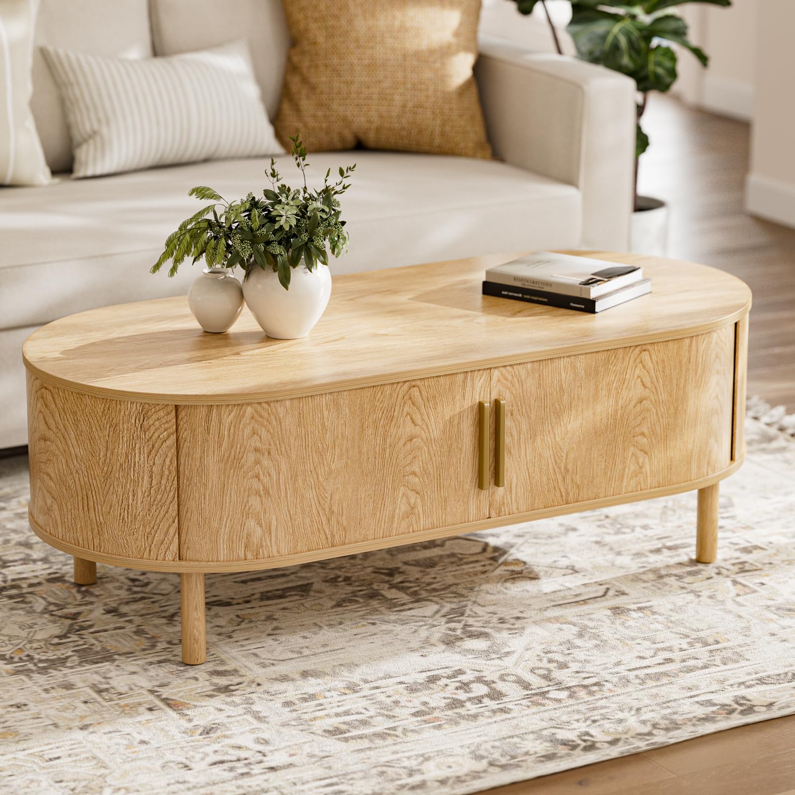 ZttRiee Coffee Table for Living Room, Modern Round Coffee Table with Cabinets & Sliding Doors, Home Small Space, 29.9" Fluted Center Table, Walnut