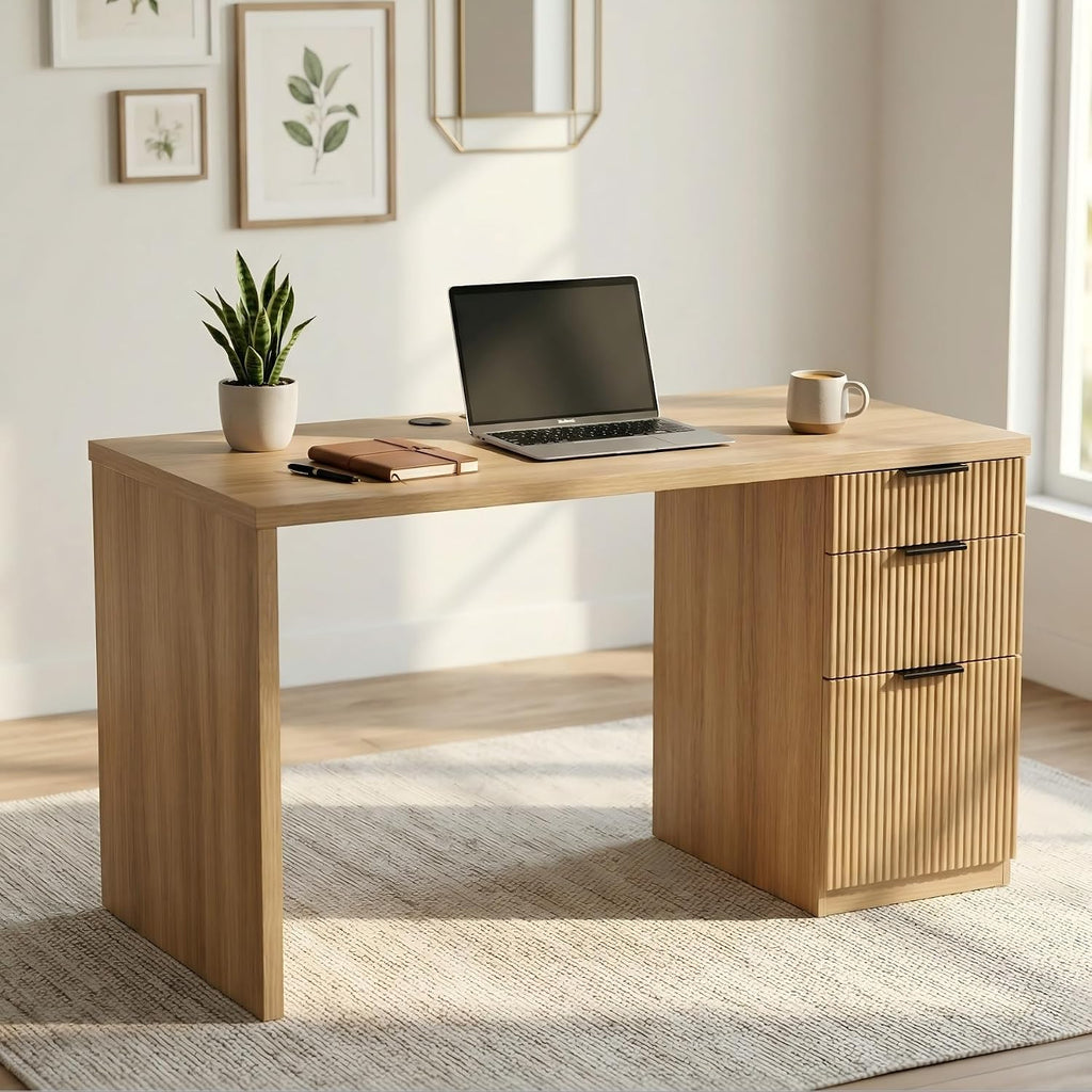 FURSUN 58" Home Office Desk with Power Outlet & File Cabinet, Modern Fluted Executive Desk with 3 Storage Drawers, Large Computer Workstation for Study & Bedroom, Natural Oak