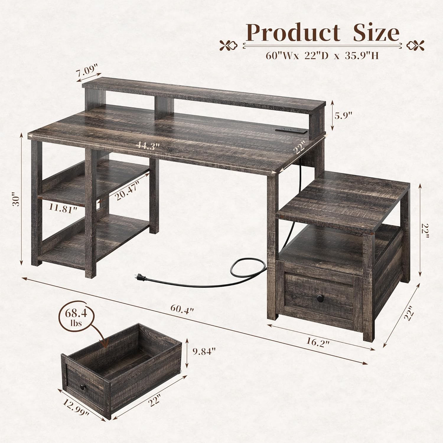 EnHomee 60.4" Computer Desk with Drawer, Office Desk with Monitor Stand, Farmhouse Study Desk with Power Outlet & LED Light, Writing Desk for Home and Study Room, Dark Rustic Oak