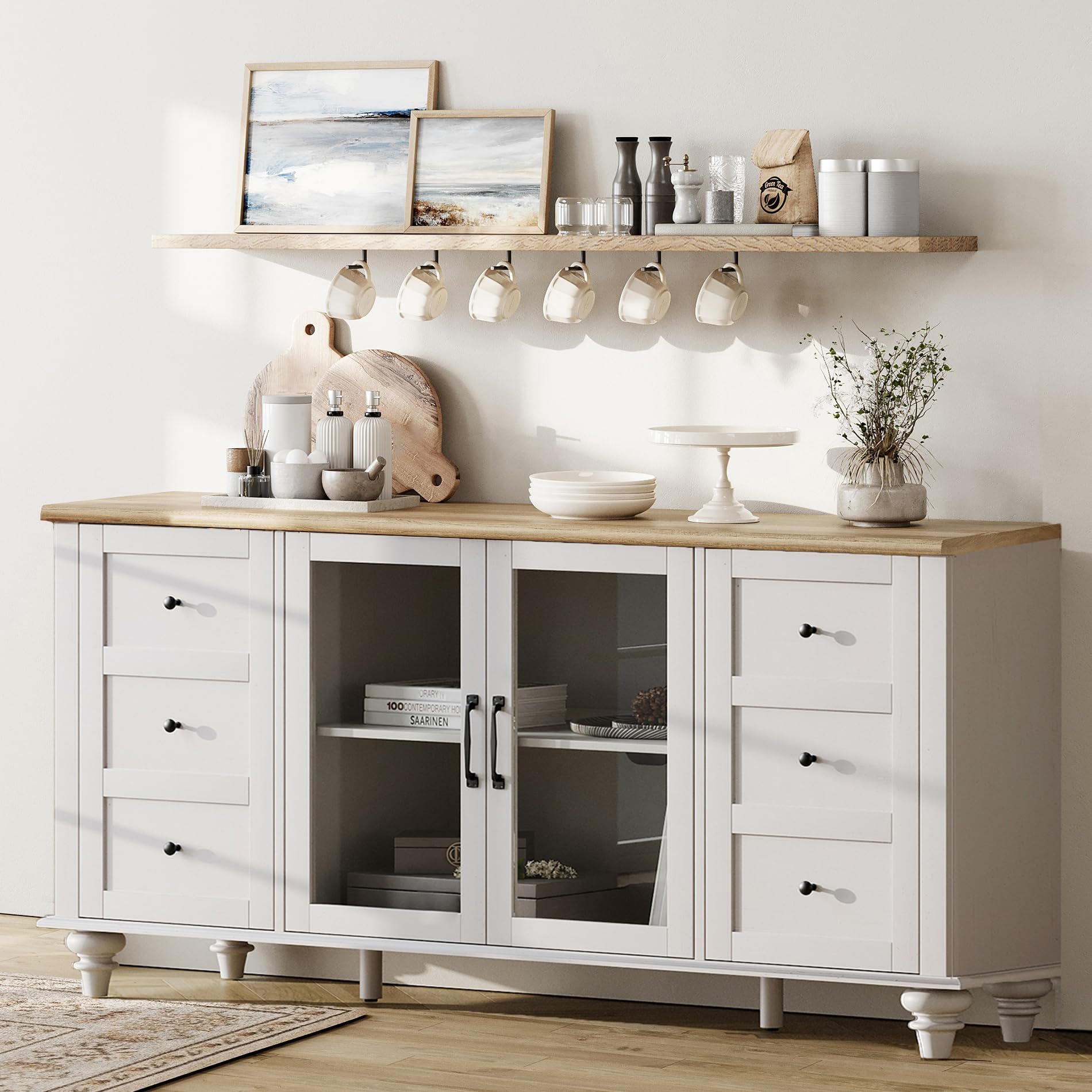 WAMPAT Farmhouse Sideboard Buffet Cabinet with Glass Door & Adjustable Shelf, Wooden Coffee Bar Table with Solid Wood Leg, Kitchen Storage Cabinet for Dining Room, Oak, 58 Inch