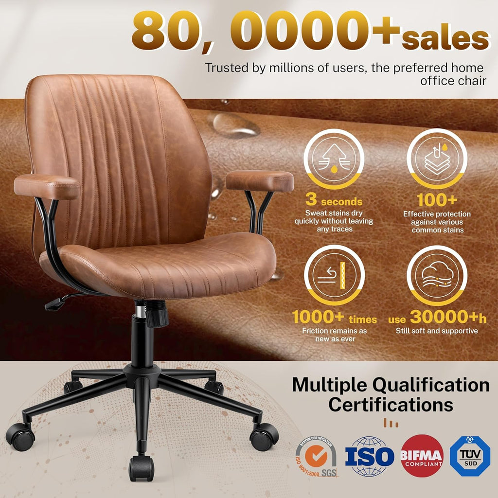 HeroSet Leather Office Chair with Removable Armrests, Mid Back Ergonomic Desk Chair with Lumbar Support, Adjustable Height Rocking Swivel Executive Chair for Home Office, Brown