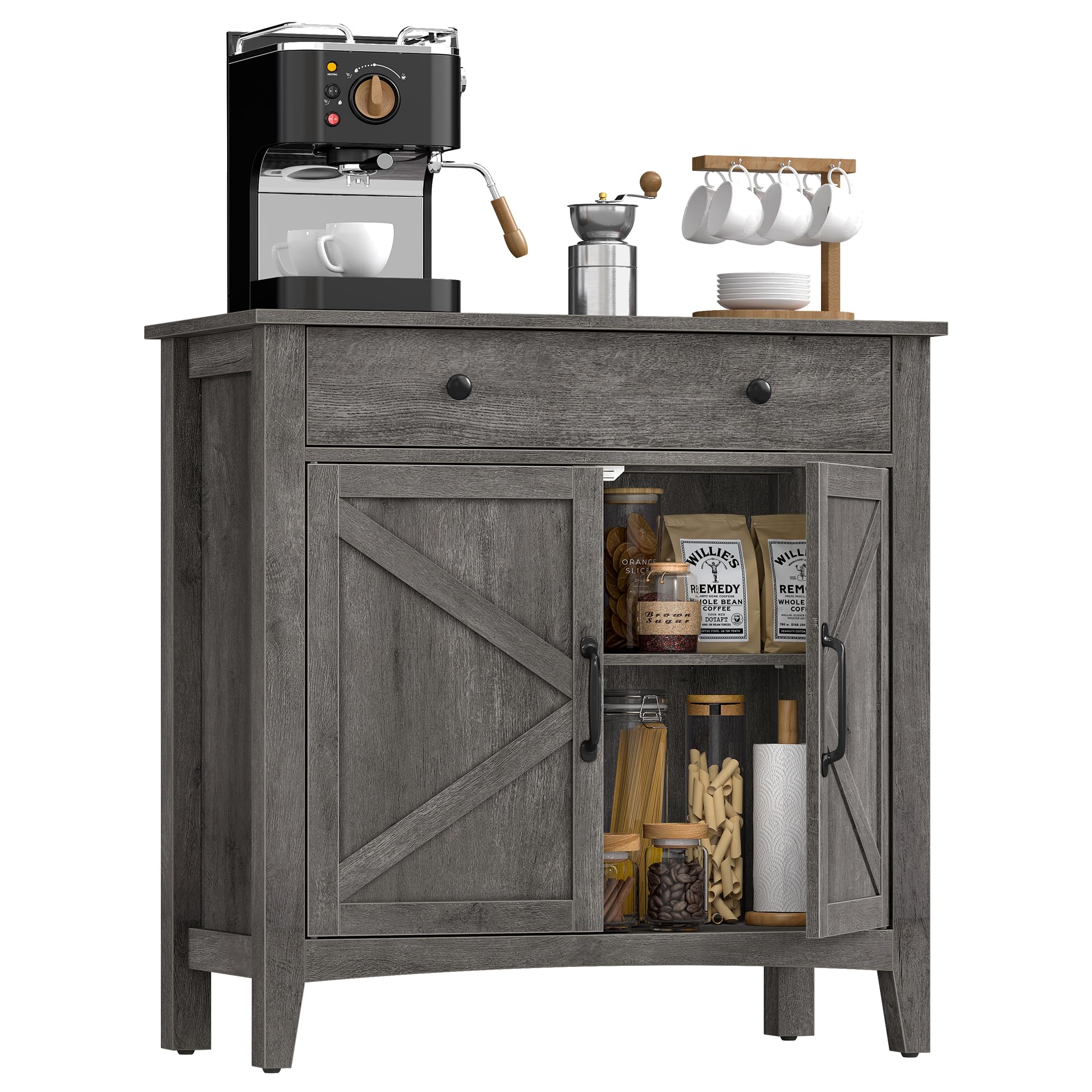 VASAGLE LIRY Collection - Buffet Cabinet, Coffee Bar Cabinet with 2 Drawers, Adjustable Shelves, Sideboard Storage with Cable Holes, Drawer Dividers, Rustic White and Honey Brown UBBK381W01