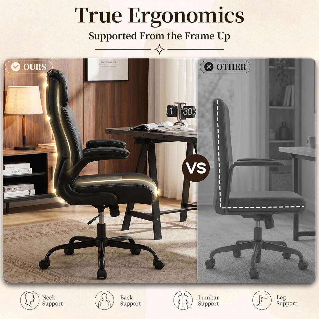 Office Chair, Leather Ergonomic Computer Desk Chair with Rocking Function, High Back Executive Home Office Chair with Adjustable Flip-up Armrests, Lumbar Support, 360° Swivel, Black