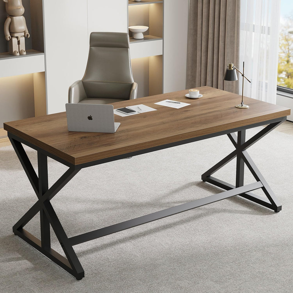 IBF Rustic Office Desk Table, Industrial Long Wood Computer Desk for Home Office, Modern Large Wide Simple Pc Gaming Workstation Executive Writing Desks Big Table for Work Study, Rustic Oak, 60 Inch
