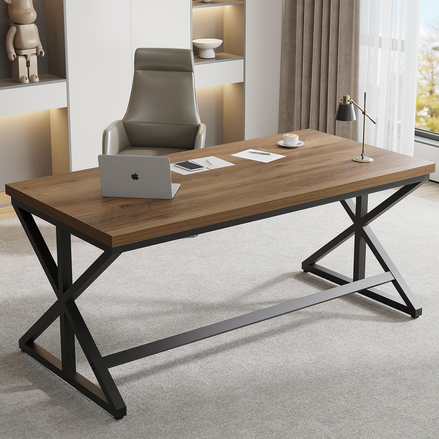 IBF Rustic Office Desk Table, Industrial Long Wood Computer Desk for Home Office, Modern Large Wide Simple Pc Gaming Workstation Executive Writing Desks Big Table for Work Study, Rustic Oak, 60 Inch