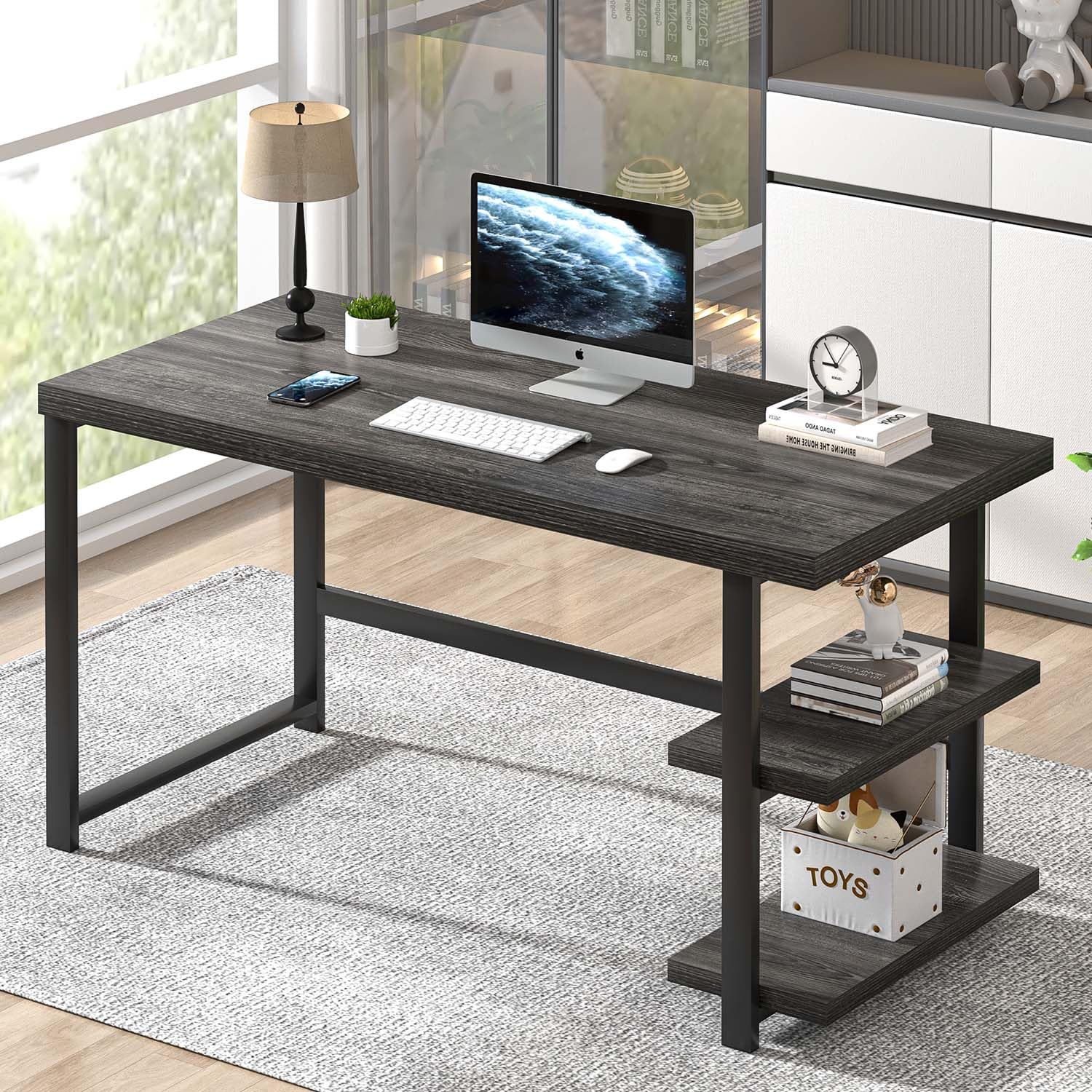 FOLUBAN Computer Desk, Modern Home Office Desk with Storage Shelves, Writing Study Gaming Table for Living Room Bedroom, Rustic Oak, 53 Inch