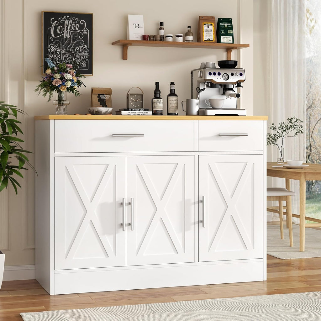 Vongrasig 43” Coffee Bar Cabinet, Farmhouse Buffet Cabinet with Storage, Sideboard Buffet with Drawers and Shelves for Kitchen, Dining Room, White