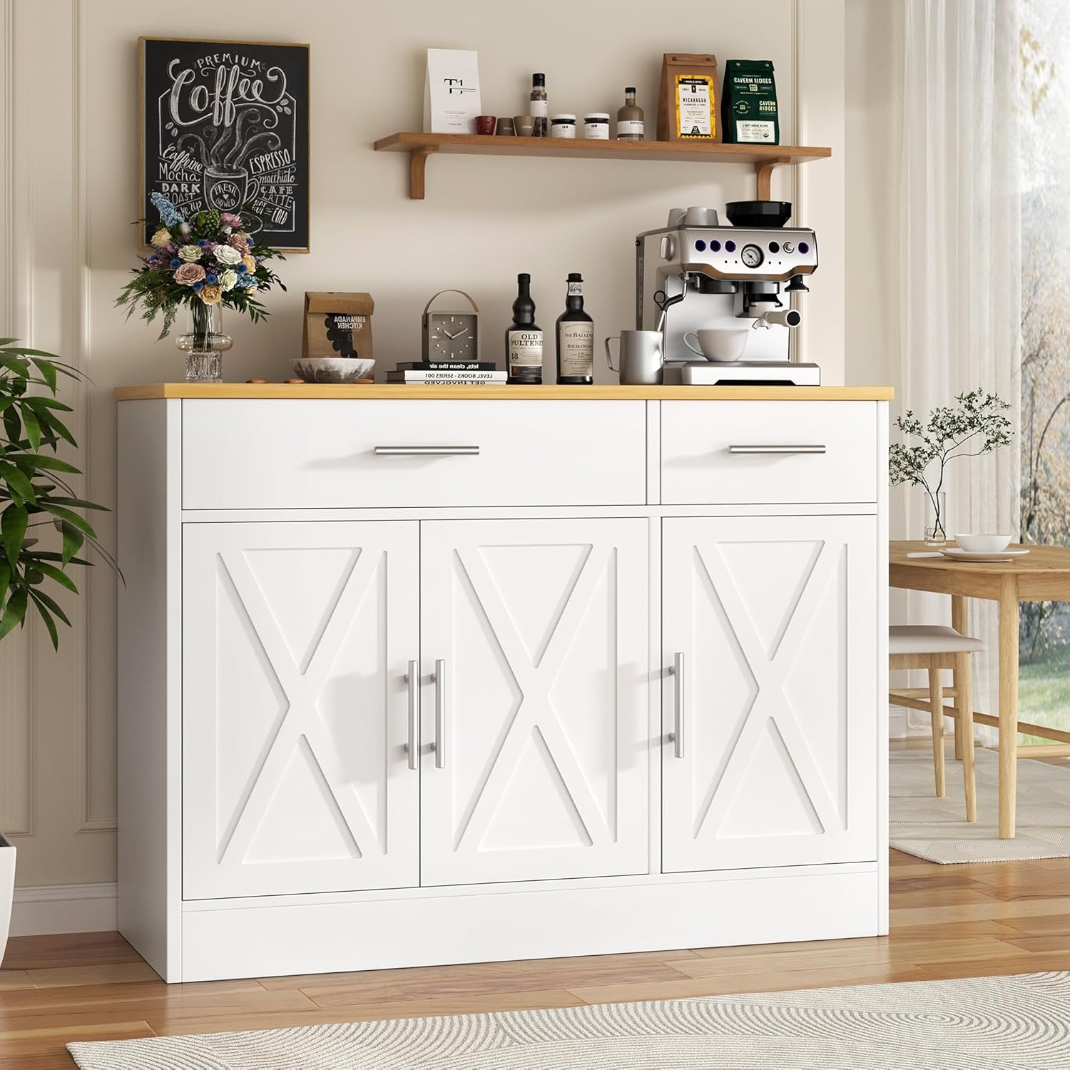 Vongrasig 43” Coffee Bar Cabinet, Farmhouse Buffet Cabinet with Storage, Sideboard Buffet with Drawers and Shelves for Kitchen, Dining Room, White