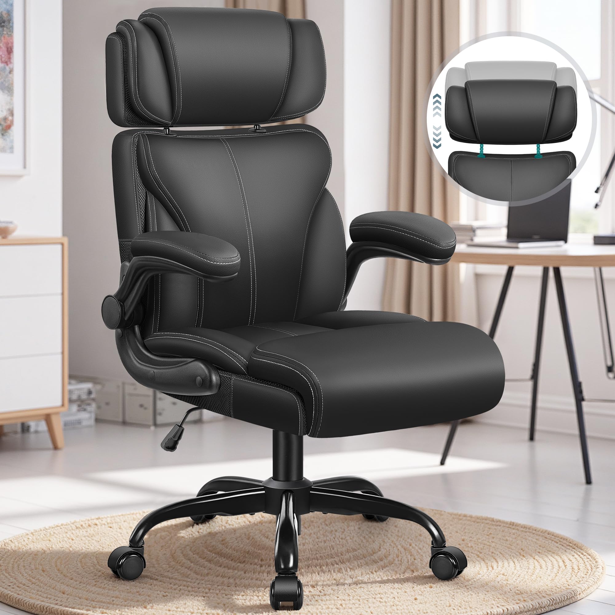 HeroSet Office Chair, Ergonomic Big and Tall Computer Desk Chairs, Executive Breathable Leather Chair with Adjustable Flip-up Armrests, Lumbar Support Swivel PC Chair with Rocking Function,Matte Black