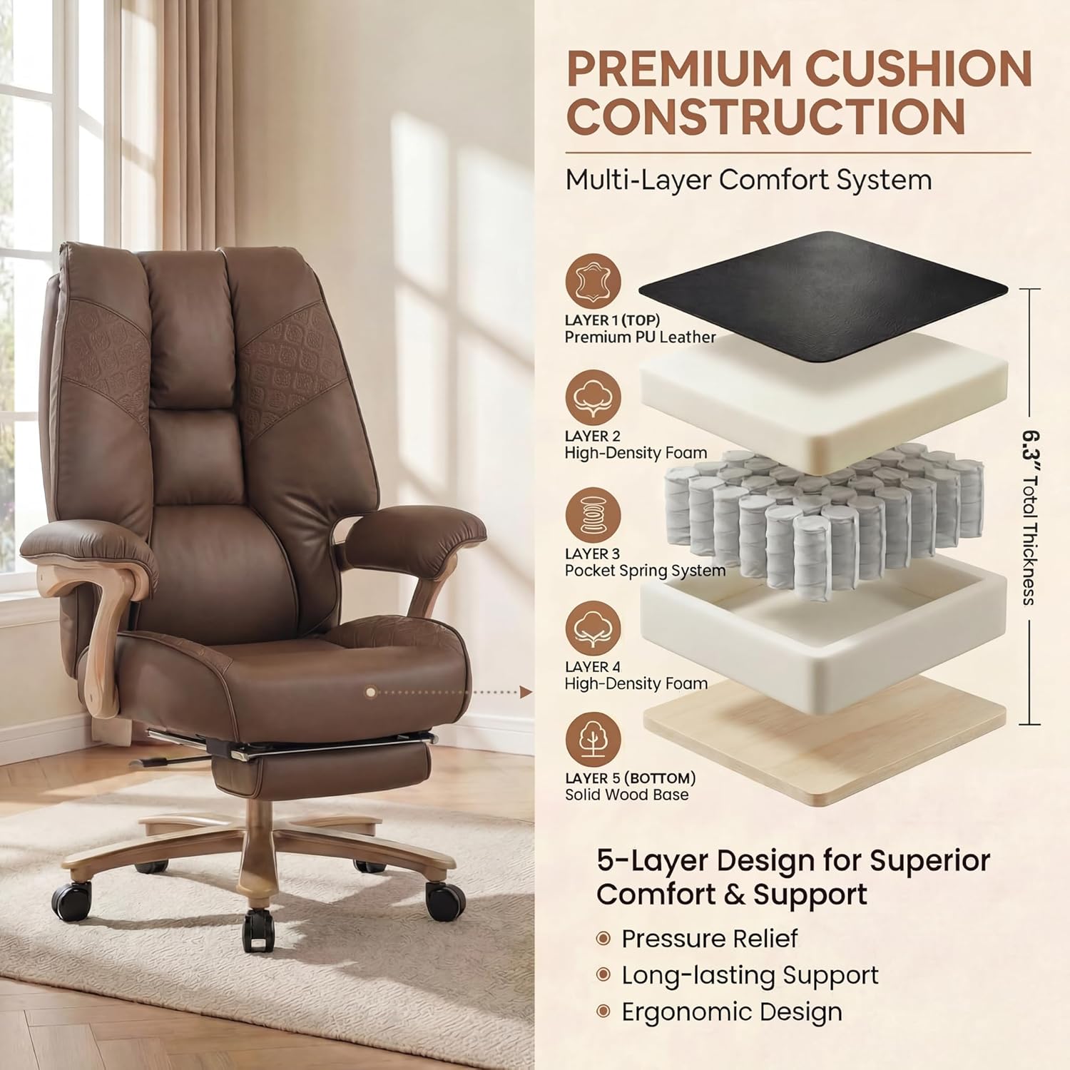 Brown High Back PU Leather Big & Tall 400lbs Office Chair with Footrest, Lumbar Support & Padded Armrests