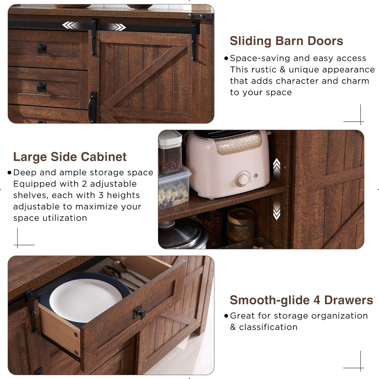 T4TREAM Farmhouse Sideboard Buffet Cabinet with Storage, 60" Large Kitchen Cabinet w/Sliding Barn Doors and 4 Drawers, 31.2'' Tall Rustic Wood Coffee Bar Table for Dining Room,Reclaimed Barnwood Color