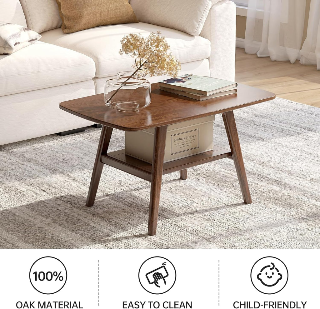 31.49" Solid Oak 2-Tier Walnut Mid Century Modern Coffee Table with Storage Shelf for Living Room