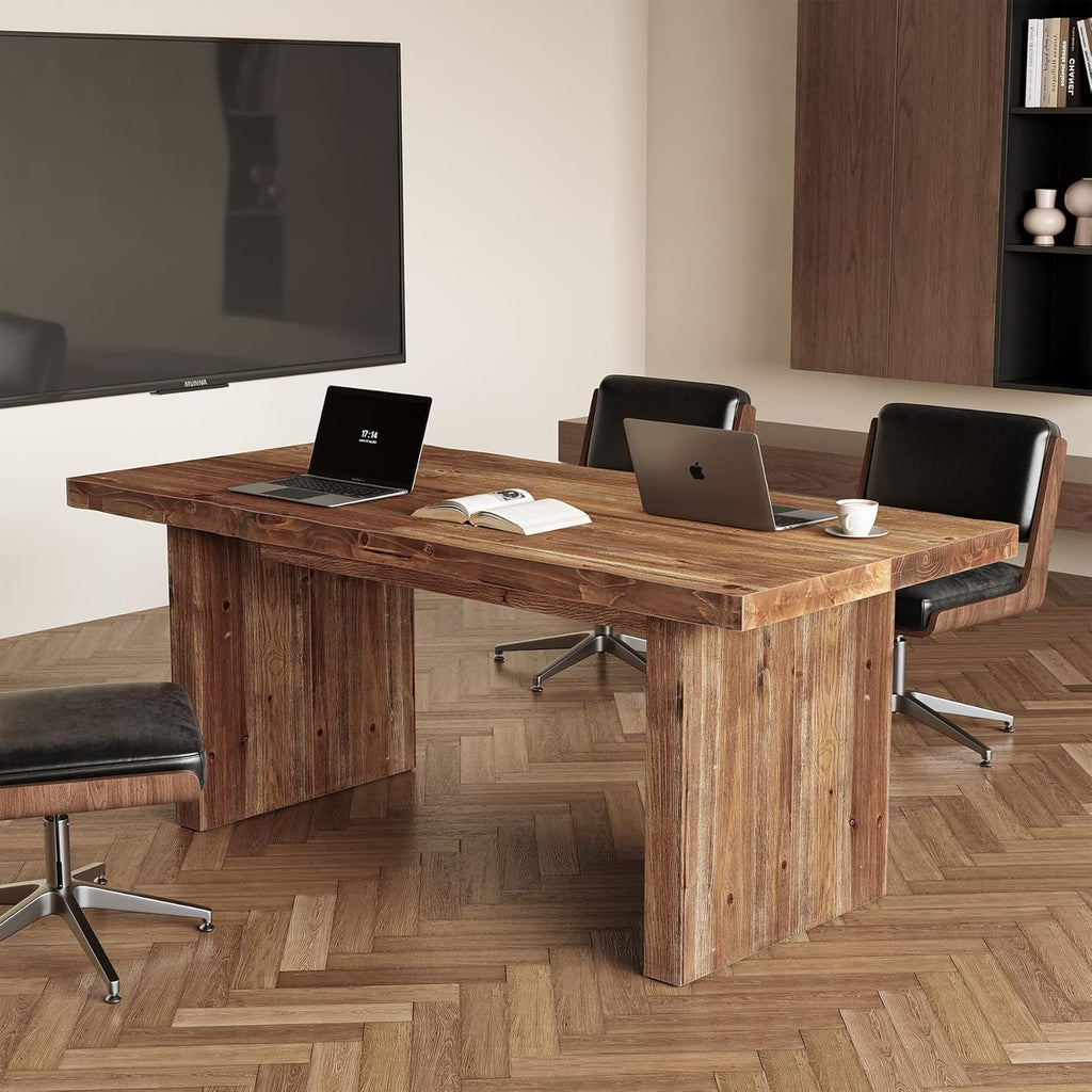 LITTLE TREE 63" Solid Wood Office Desk, Farmhouse Executive Computer Desk, Large Work Writing Table, Rustic Brown Home Office Workstaticon, Business Furniture