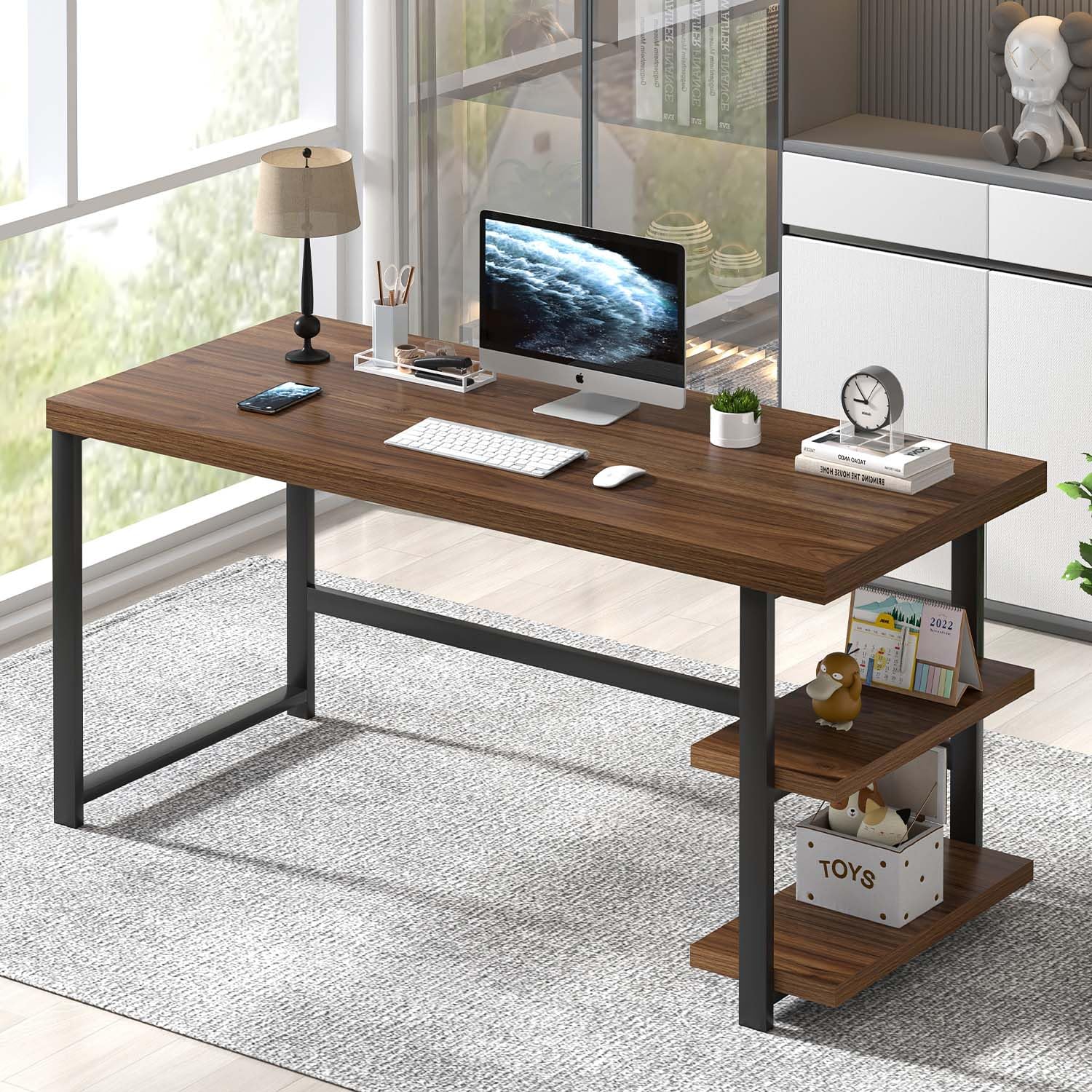 FOLUBAN Computer Desk, Modern Home Office Desk with Storage Shelves, Writing Study Gaming Table for Living Room Bedroom, Rustic Oak, 53 Inch